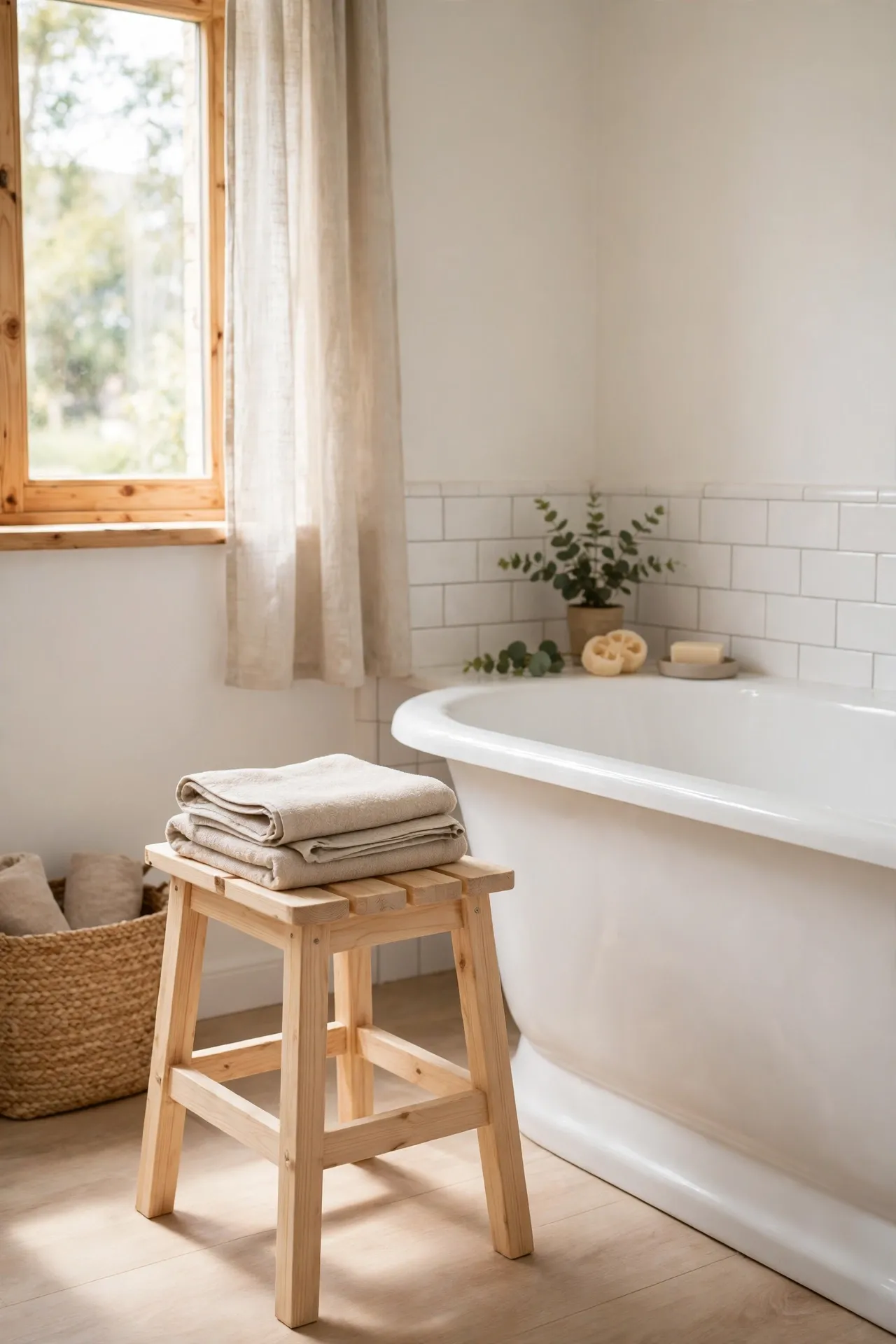 Light wood stool with folded beige towel beside a bathtub