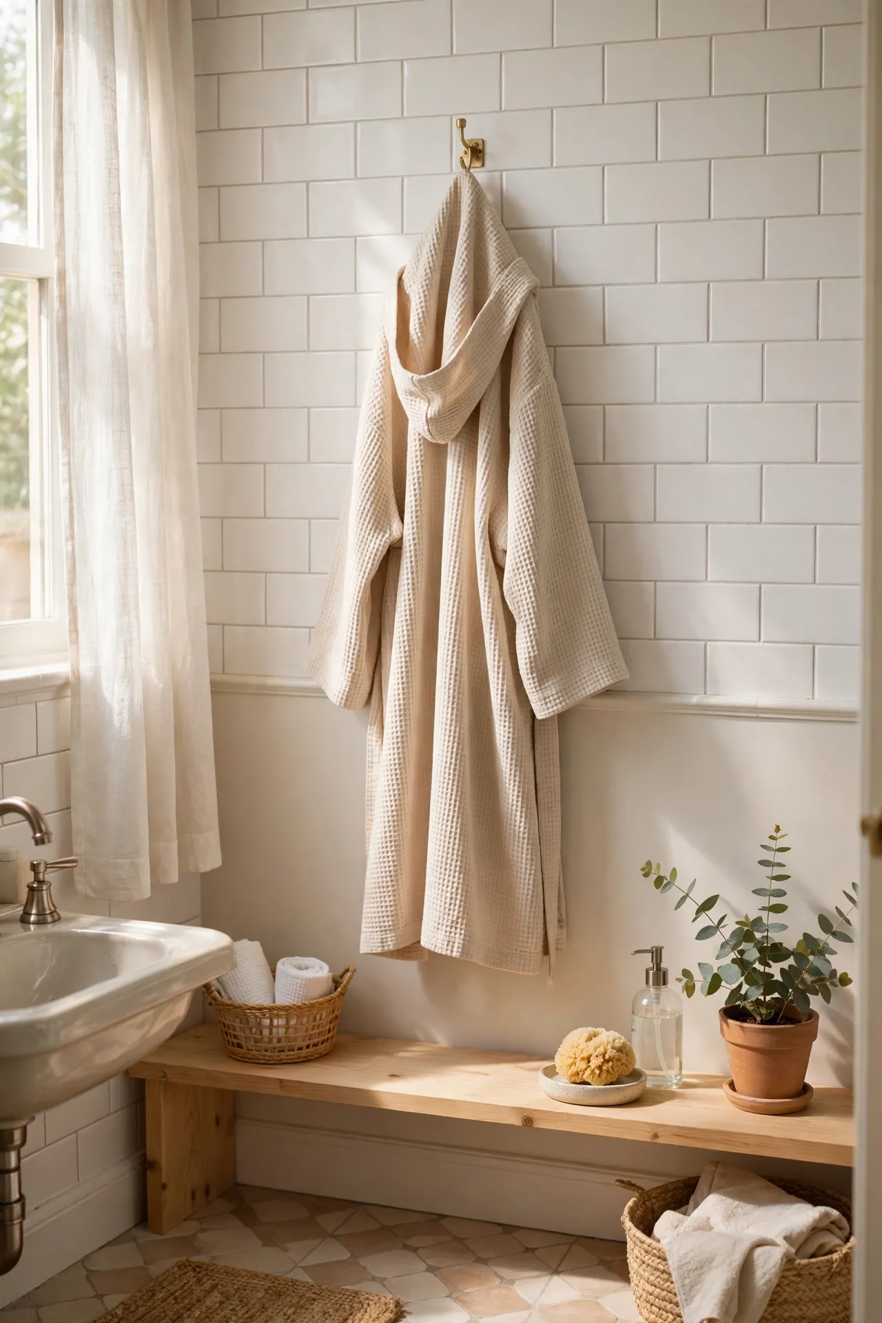 Beige waffle robe hanging on a brass hook in a fresh bathroom