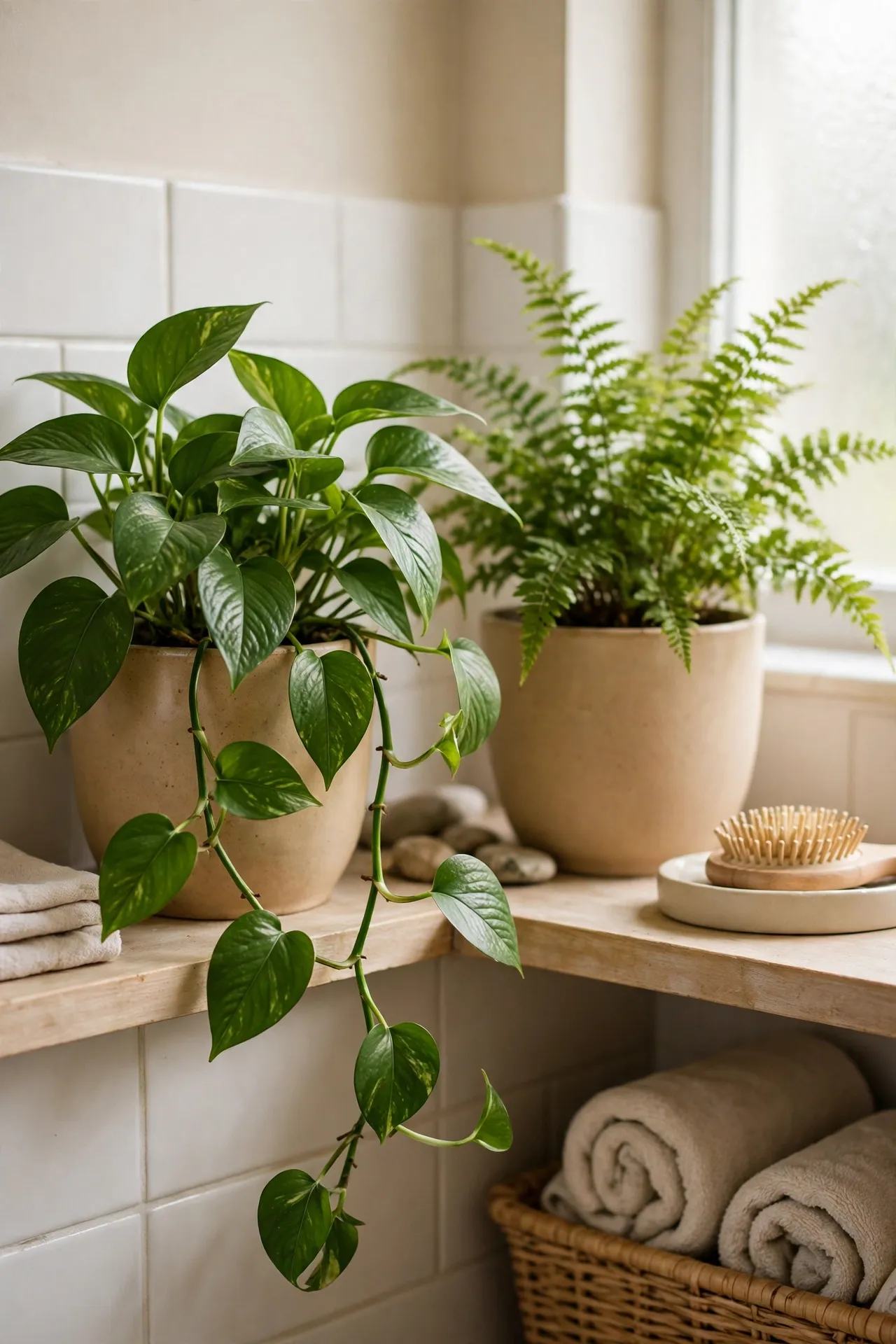 Green plants in warm beige ceramic pots on a bathroom shelf