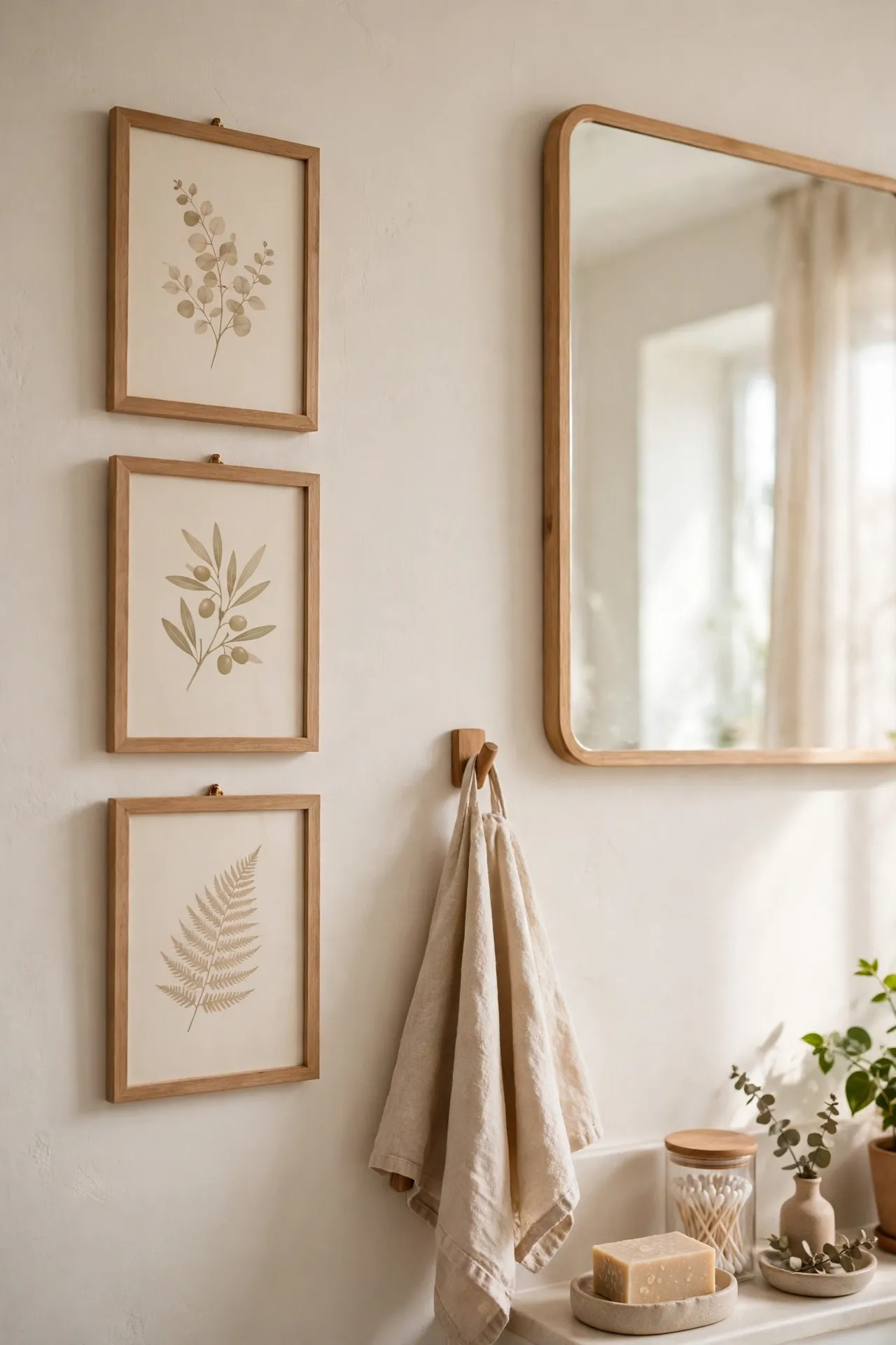 Beige botanical prints in wood frames on a bathroom wall