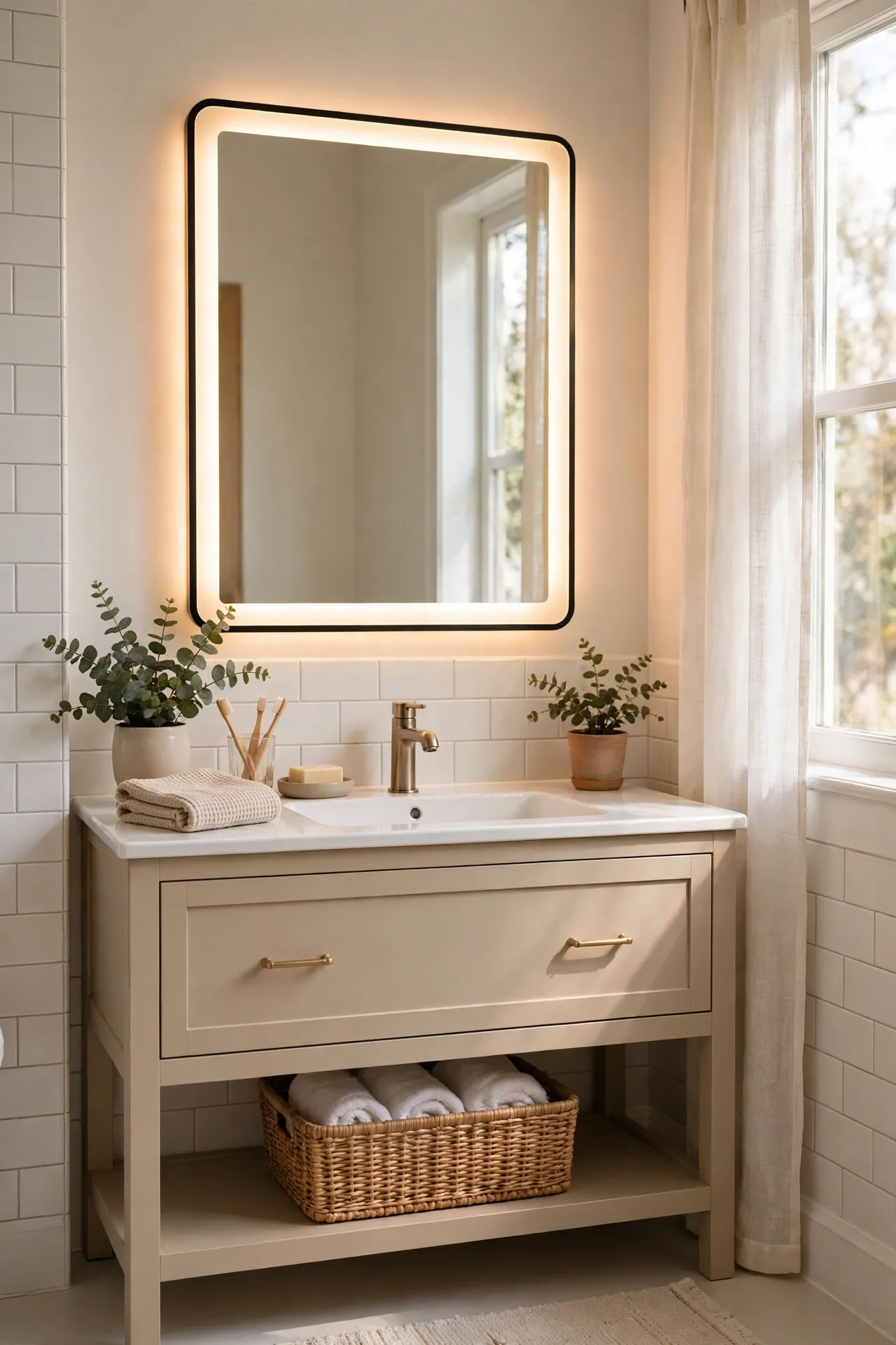 Bathroom mirror with warm white lighting glowing over a beige vanity