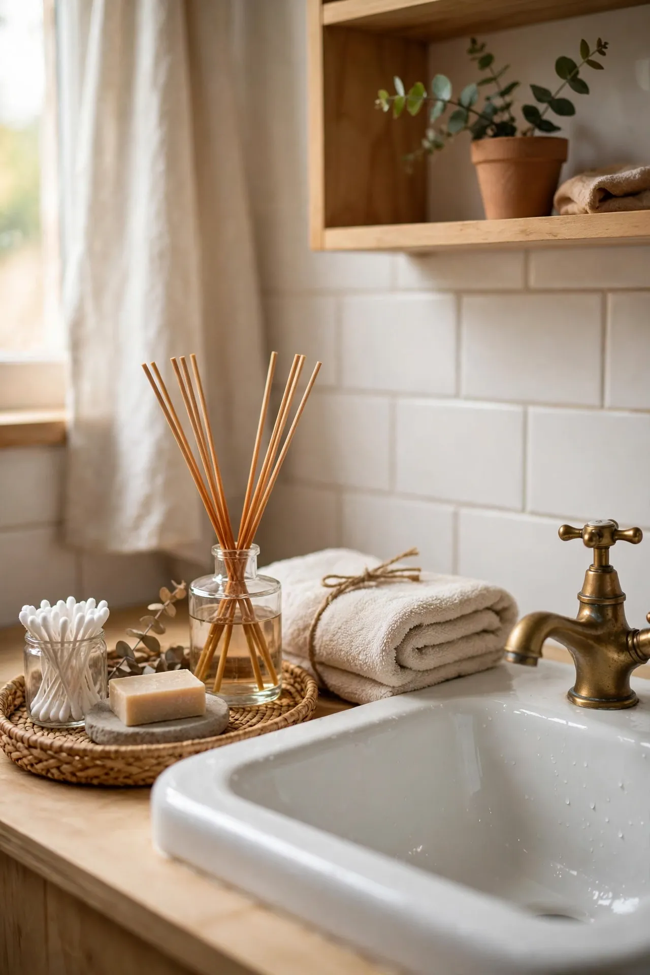 Small scent station with reed diffuser and fresh towel by a bathroom sink