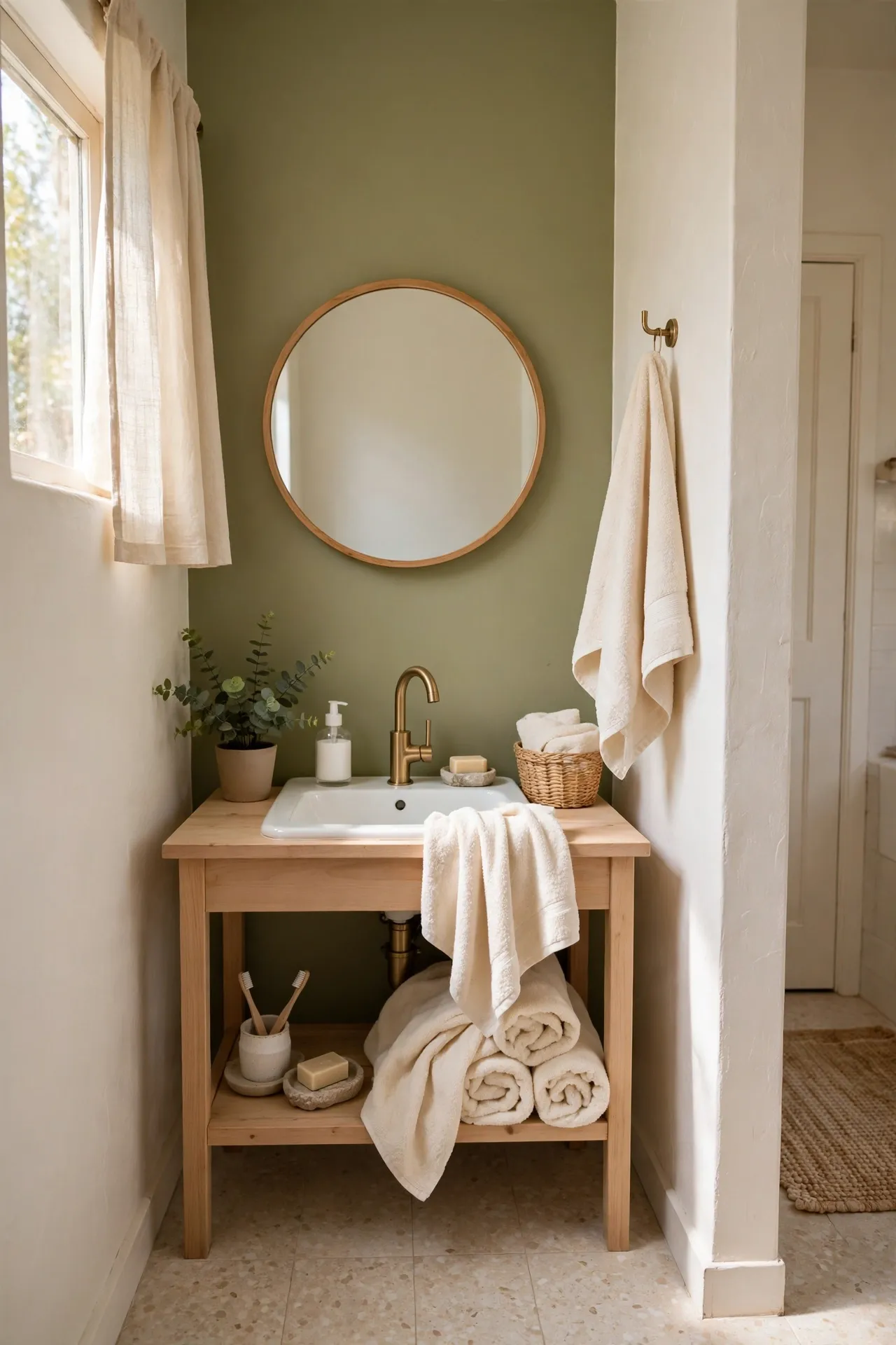 Small bathroom with one soft olive green accent wall, warm white walls, and a round mirror