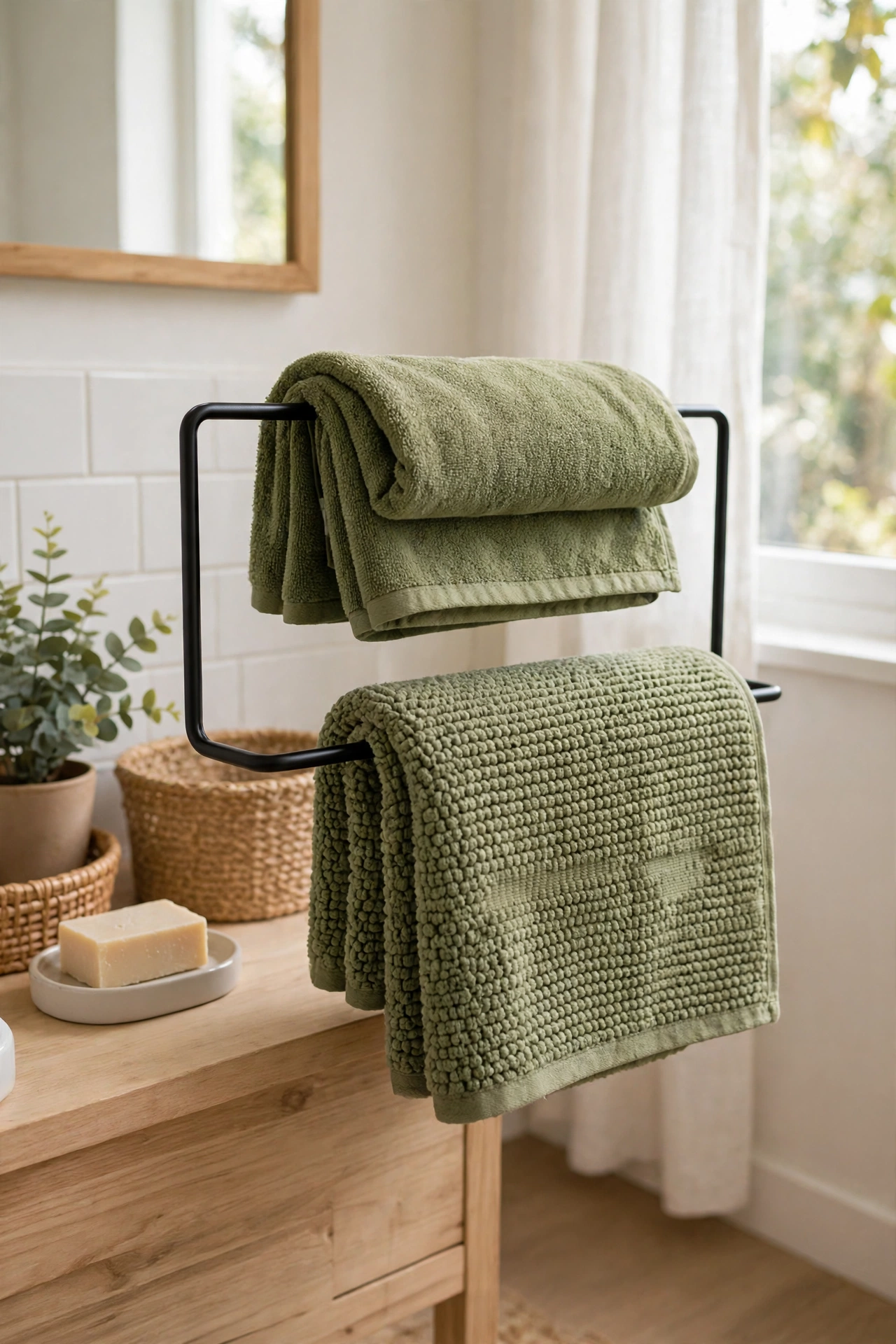 Olive green hand towels and bath mat folded neatly in a bright bathroom
