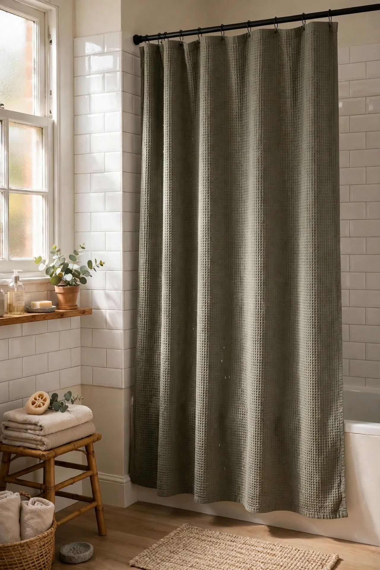 Dusty olive green shower curtain hanging to the floor in a calm bathroom