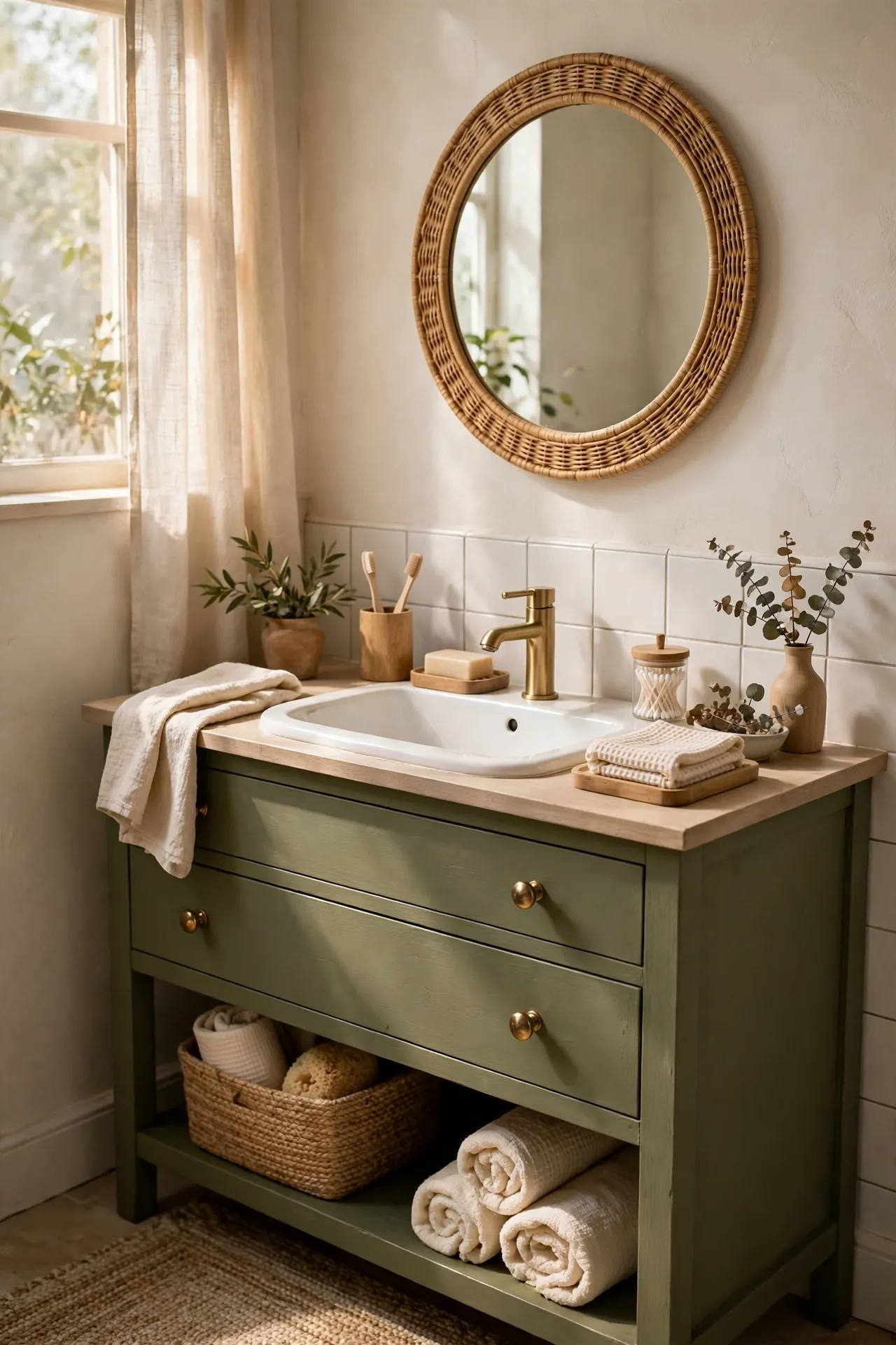 Bathroom vanity painted olive green with brass knobs and a white sink