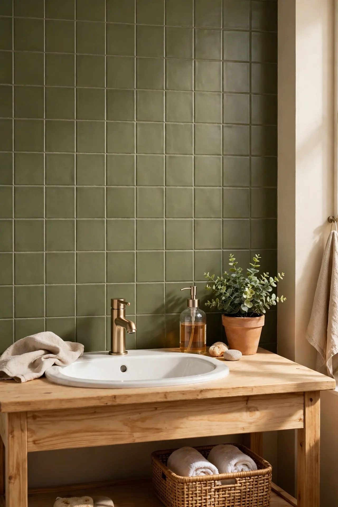 Olive green peel-and-stick tiles behind a bathroom sink