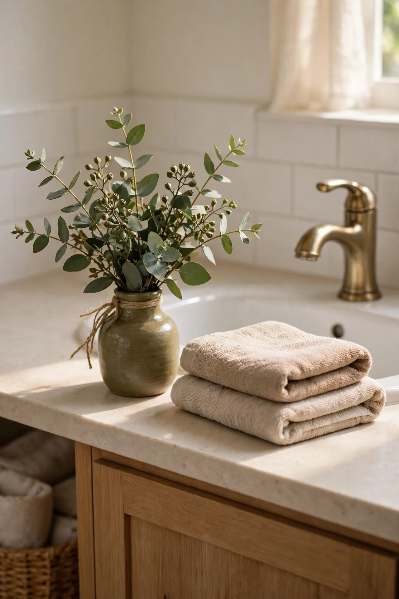 Eucalyptus bundle in a small olive ceramic vase on a bathroom sink