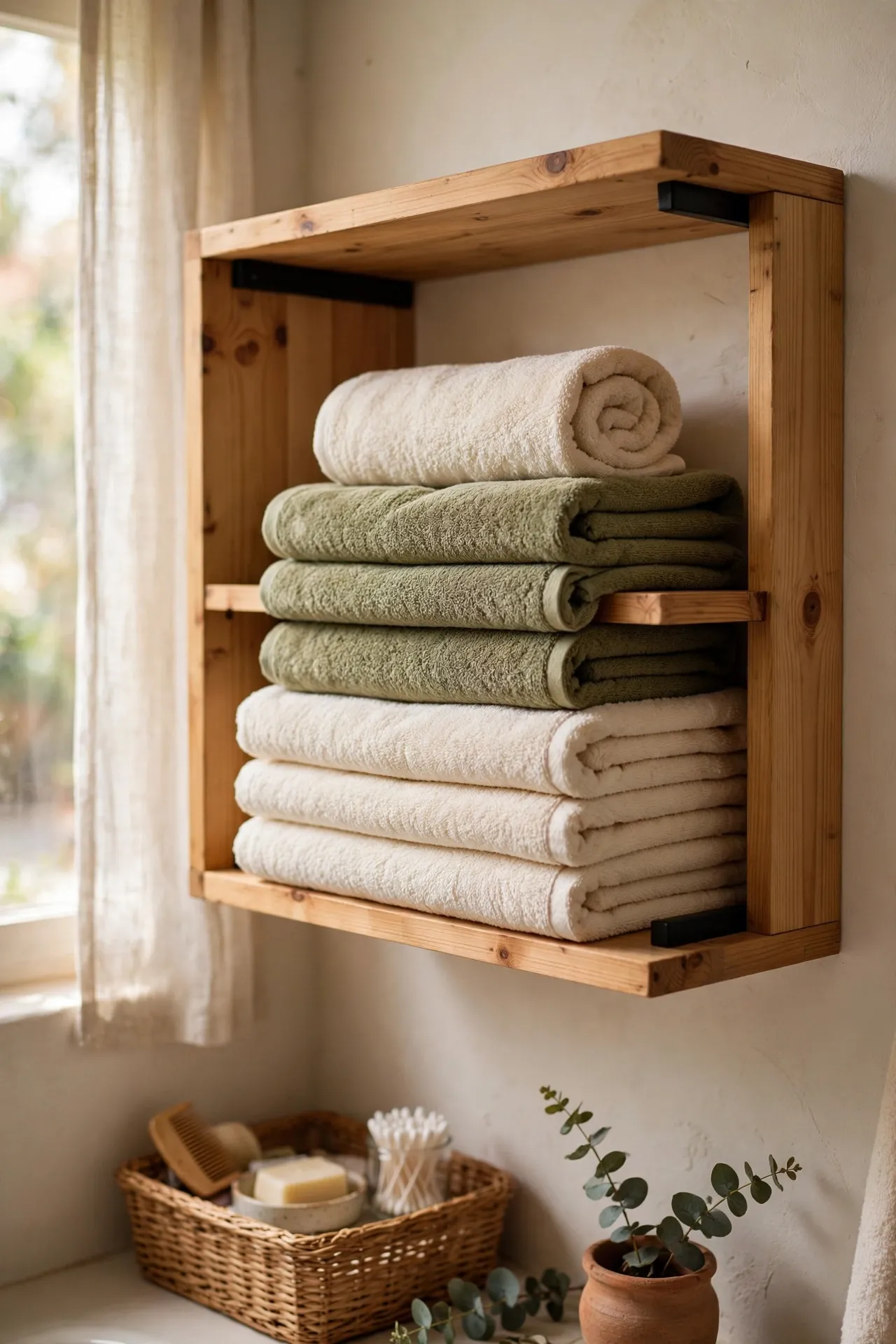 Cream and olive towels layered neatly on an open bathroom shelf