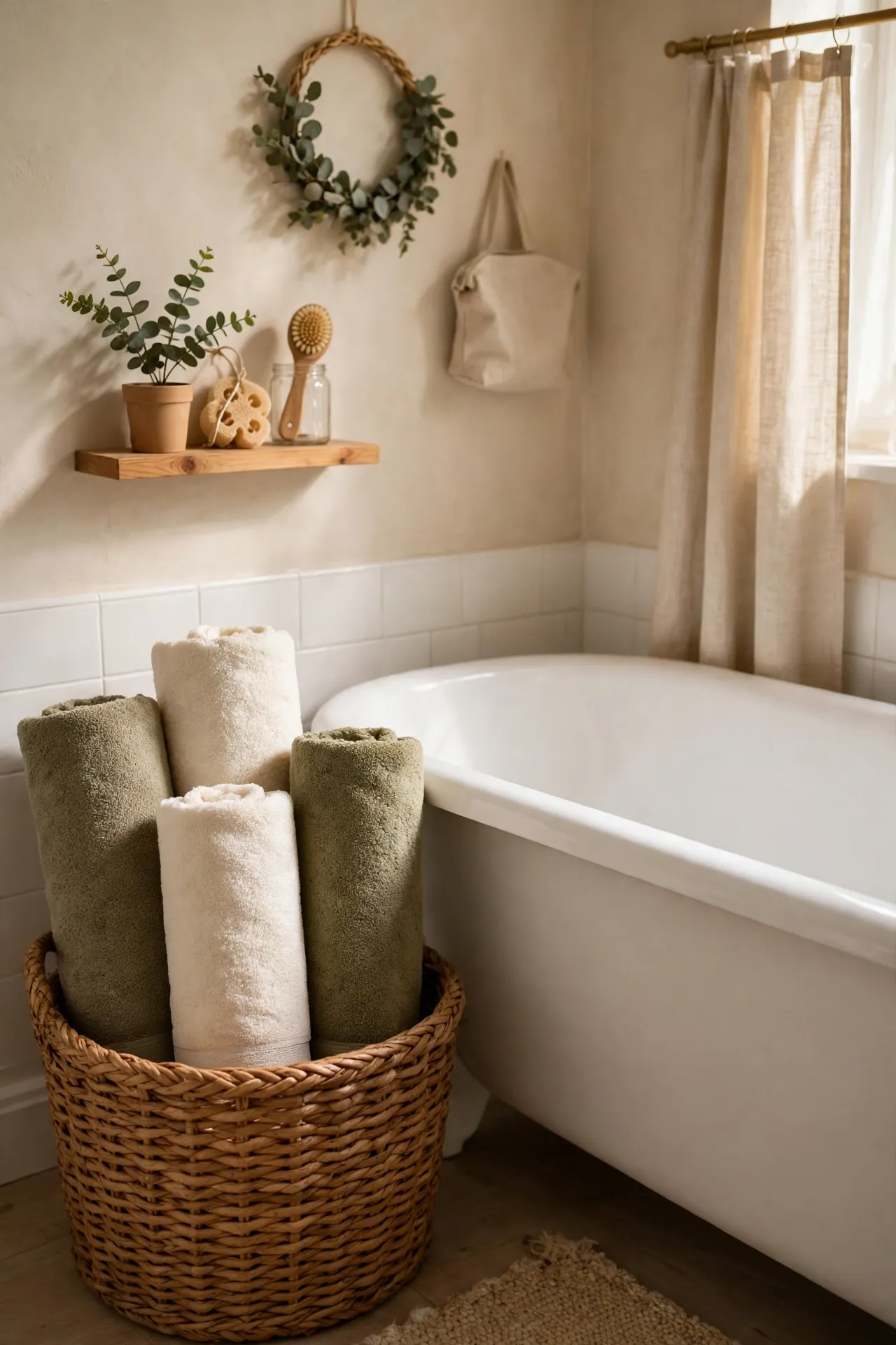 Rolled towels standing upright in a woven basket beside a bathtub