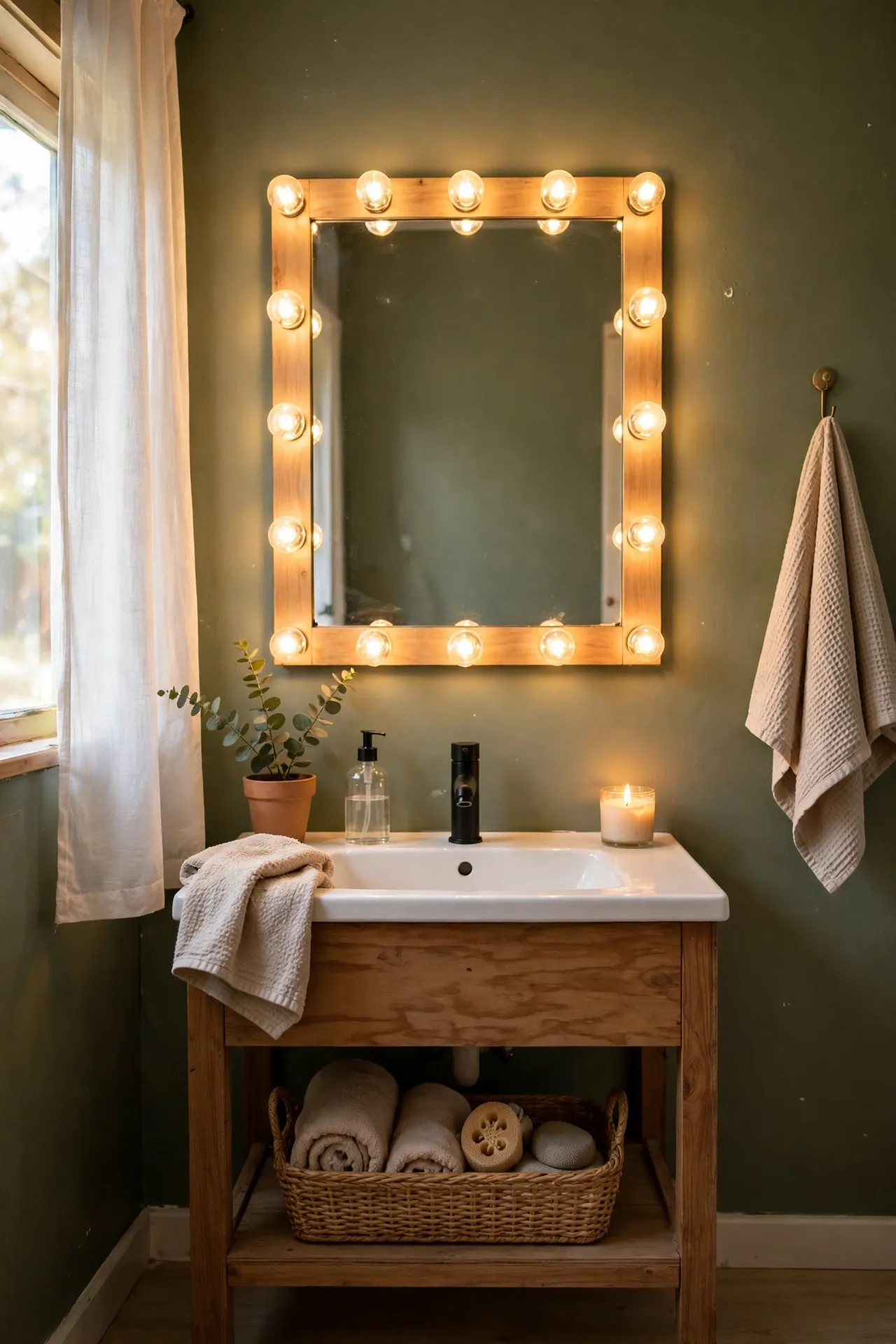 Bathroom glowing with warm soft lighting and olive green walls