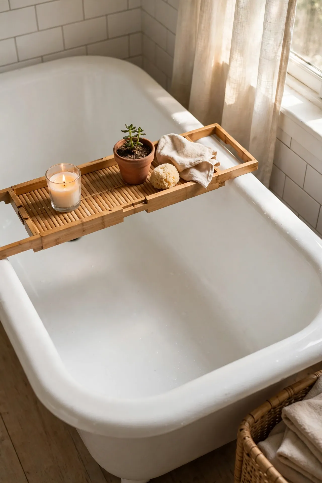 Wooden bath tray with a candle and small plant across a bathtub
