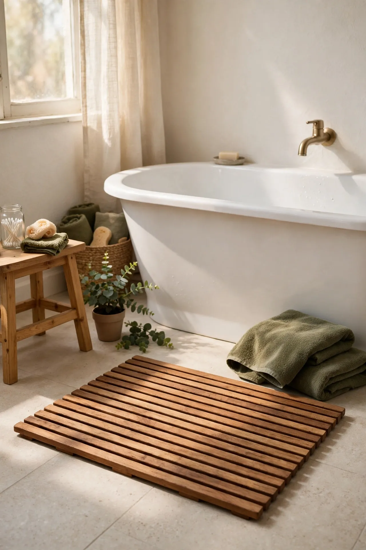 Teak slatted bath mat on a bathroom floor in front of a tub