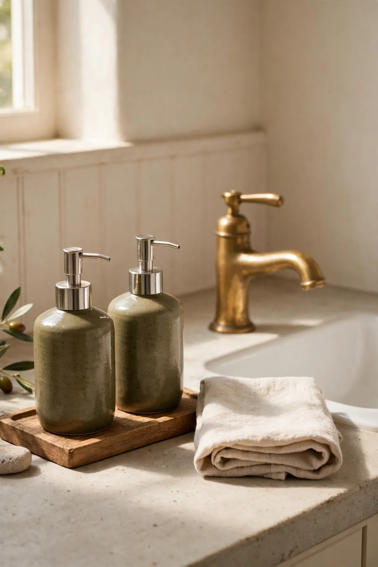 Olive ceramic soap dispensers on a small tray beside a bathroom tap