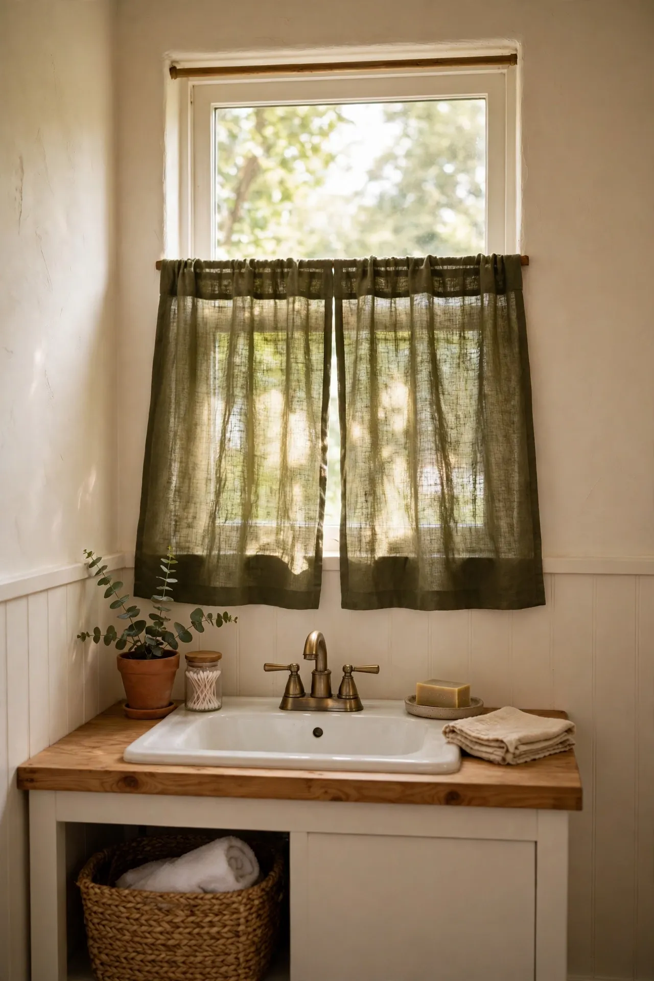 Olive linen cafe curtain on a bathroom window filtering soft daylight
