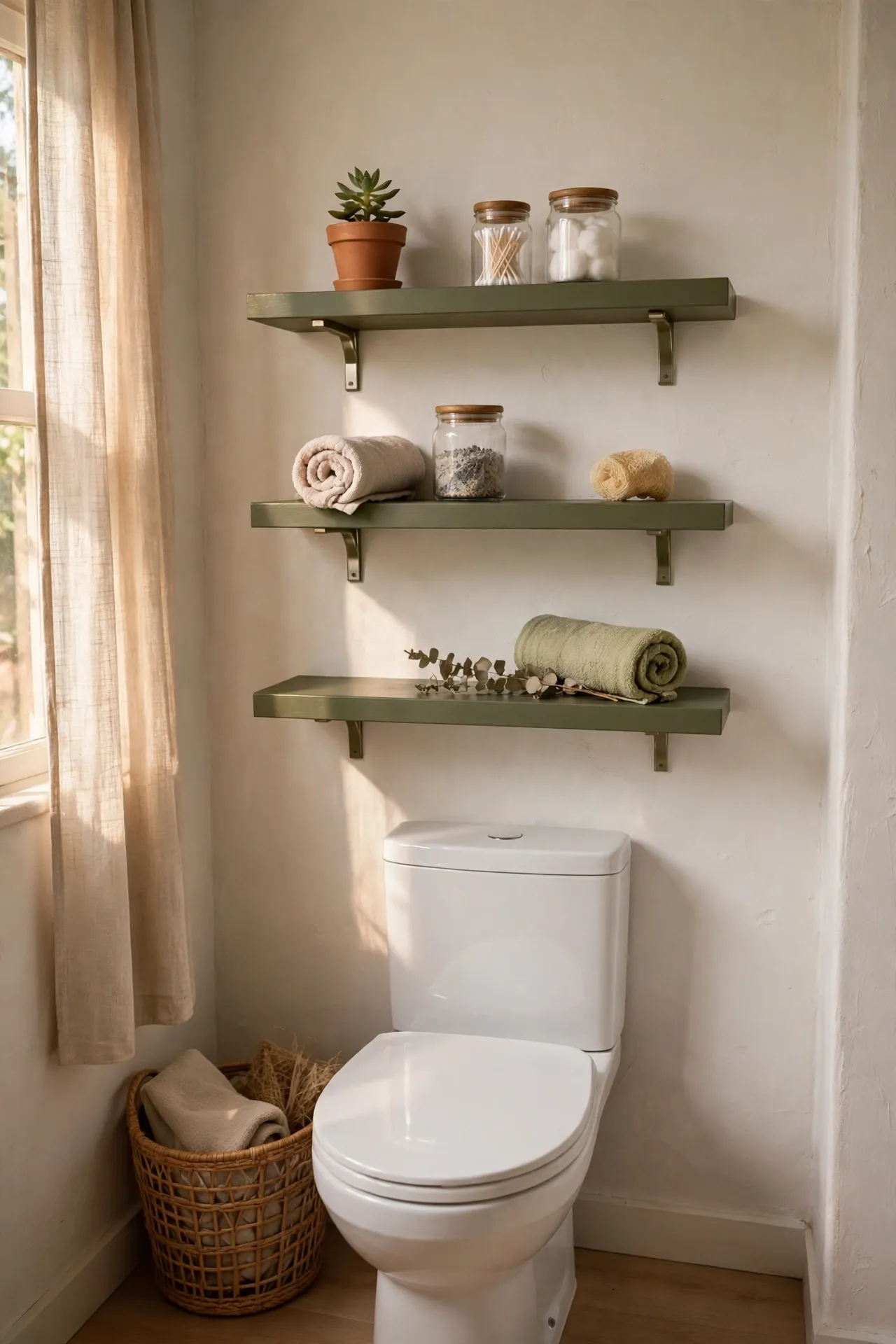 Floating olive shelves with a plant, jars, and rolled washcloth in a bathroom