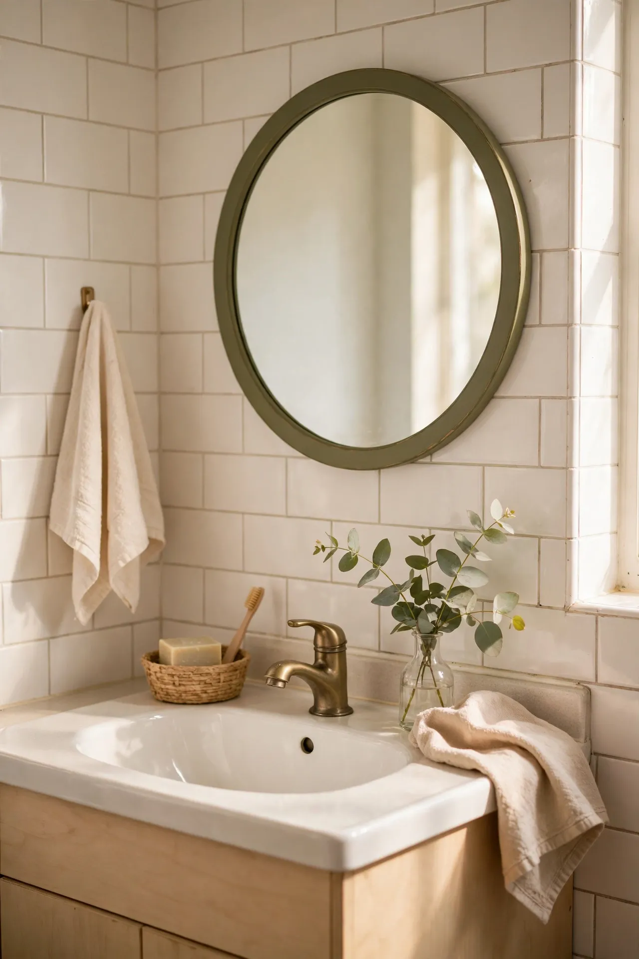 Round mirror with a slim olive painted frame above a bathroom sink