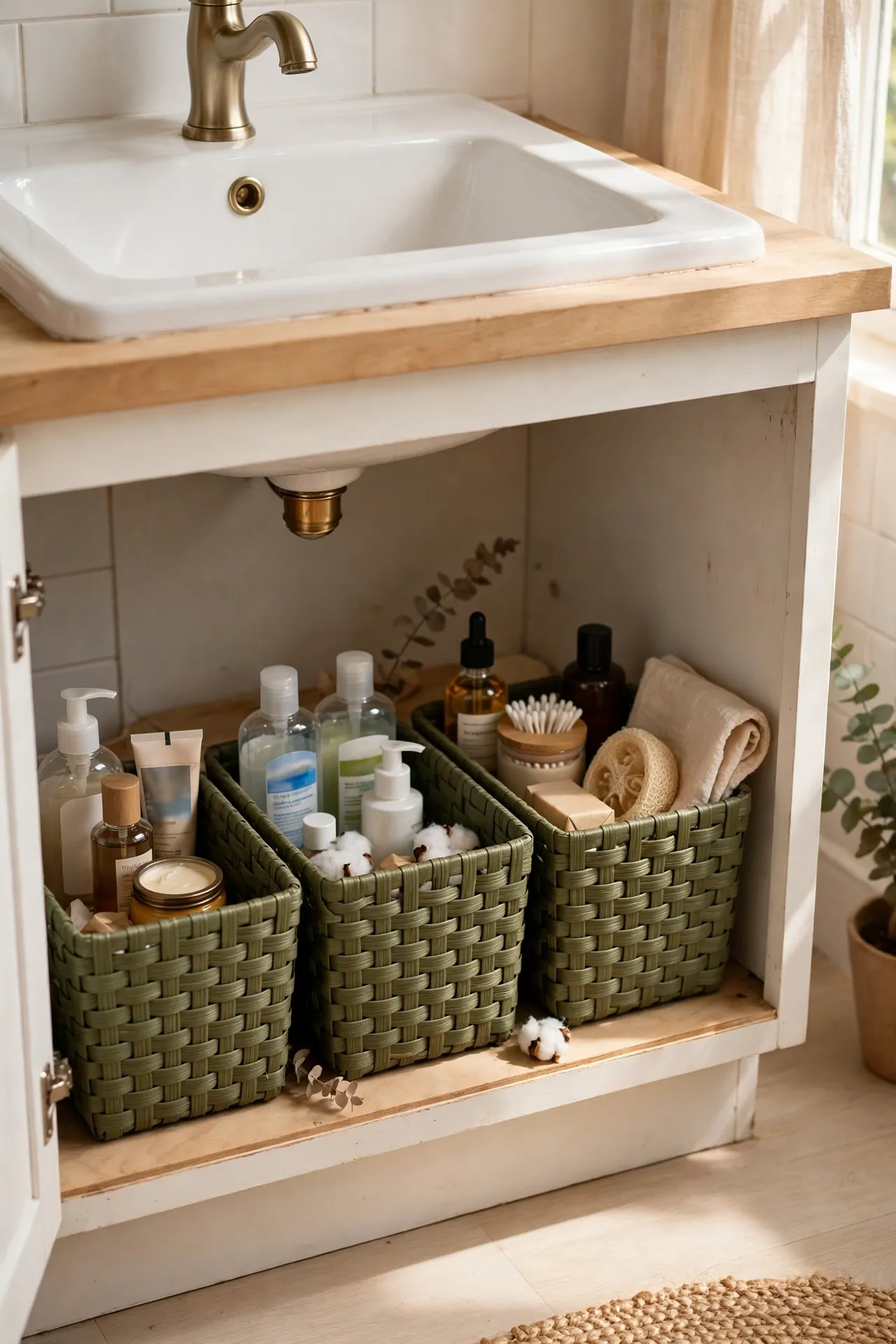 Olive woven baskets organised under a bathroom sink