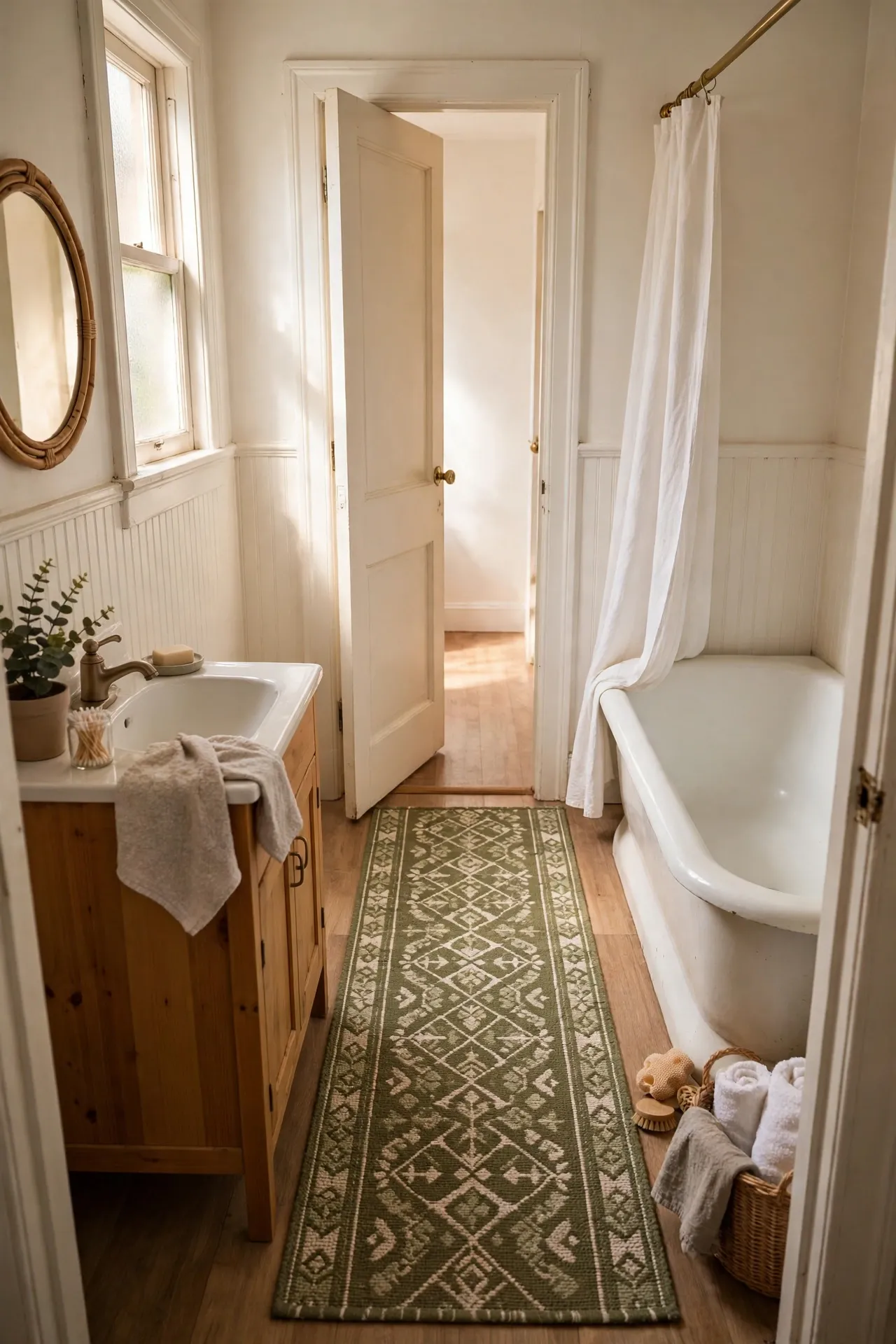 Olive patterned runner rug laid along a narrow bathroom floor