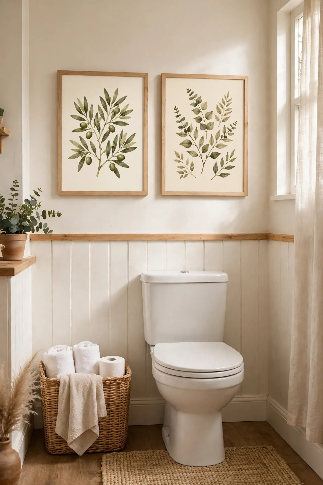 Olive and cream botanical prints in light wood frames on a bathroom wall