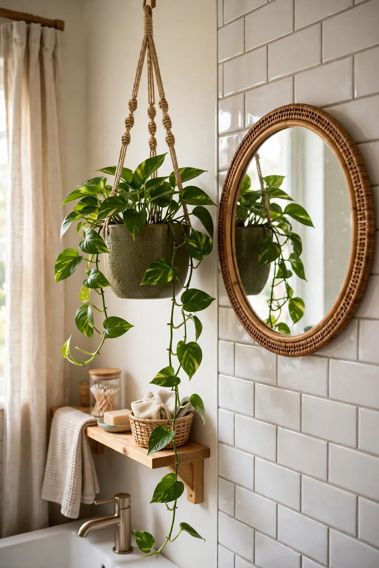 Trailing pothos plant in an olive hanging planter beside a bathroom mirror