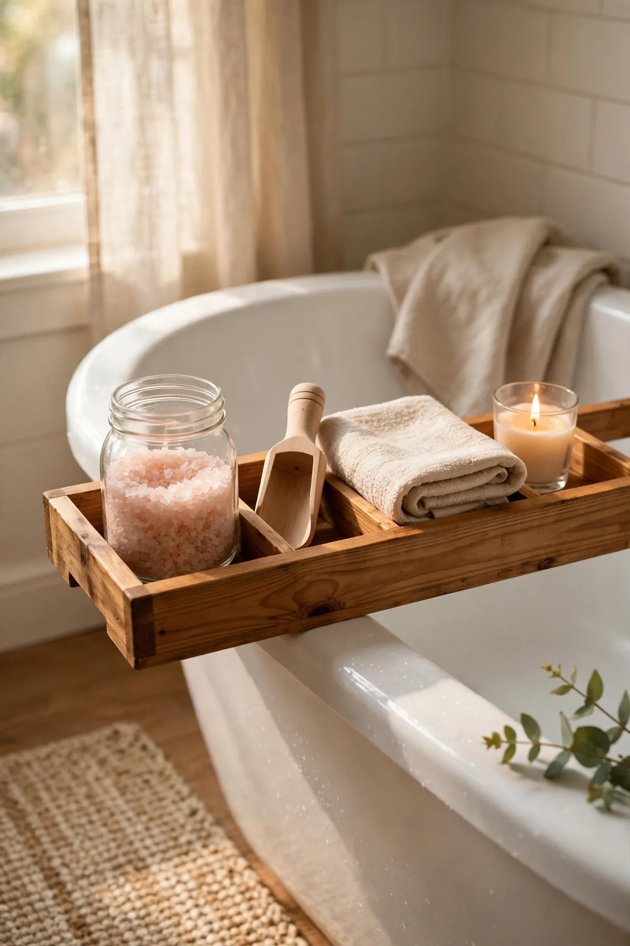Spa caddy with a jar of bath salts, wooden scoop, and candle beside a tub