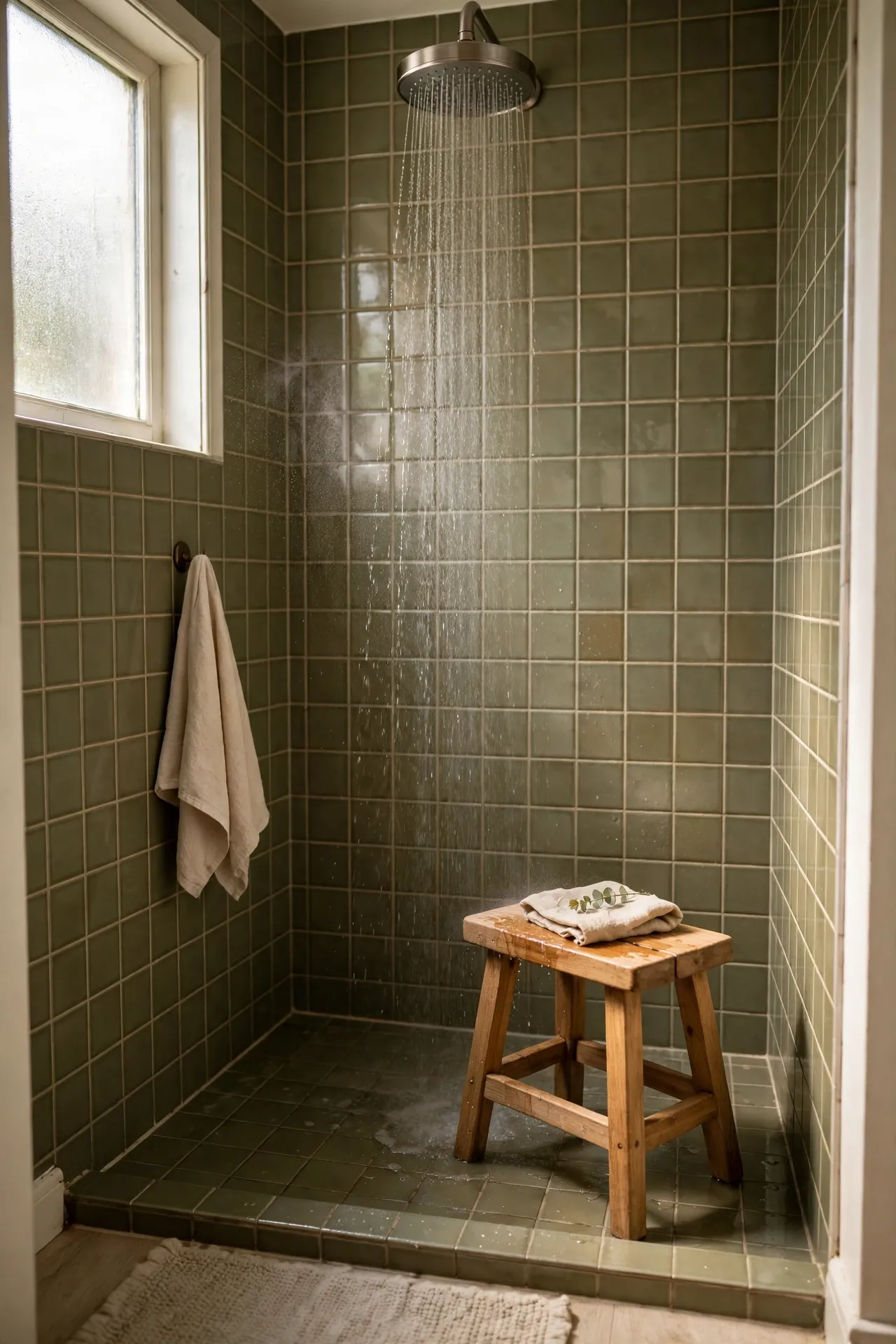 Rainfall showerhead spraying soft water in an olive-tiled shower