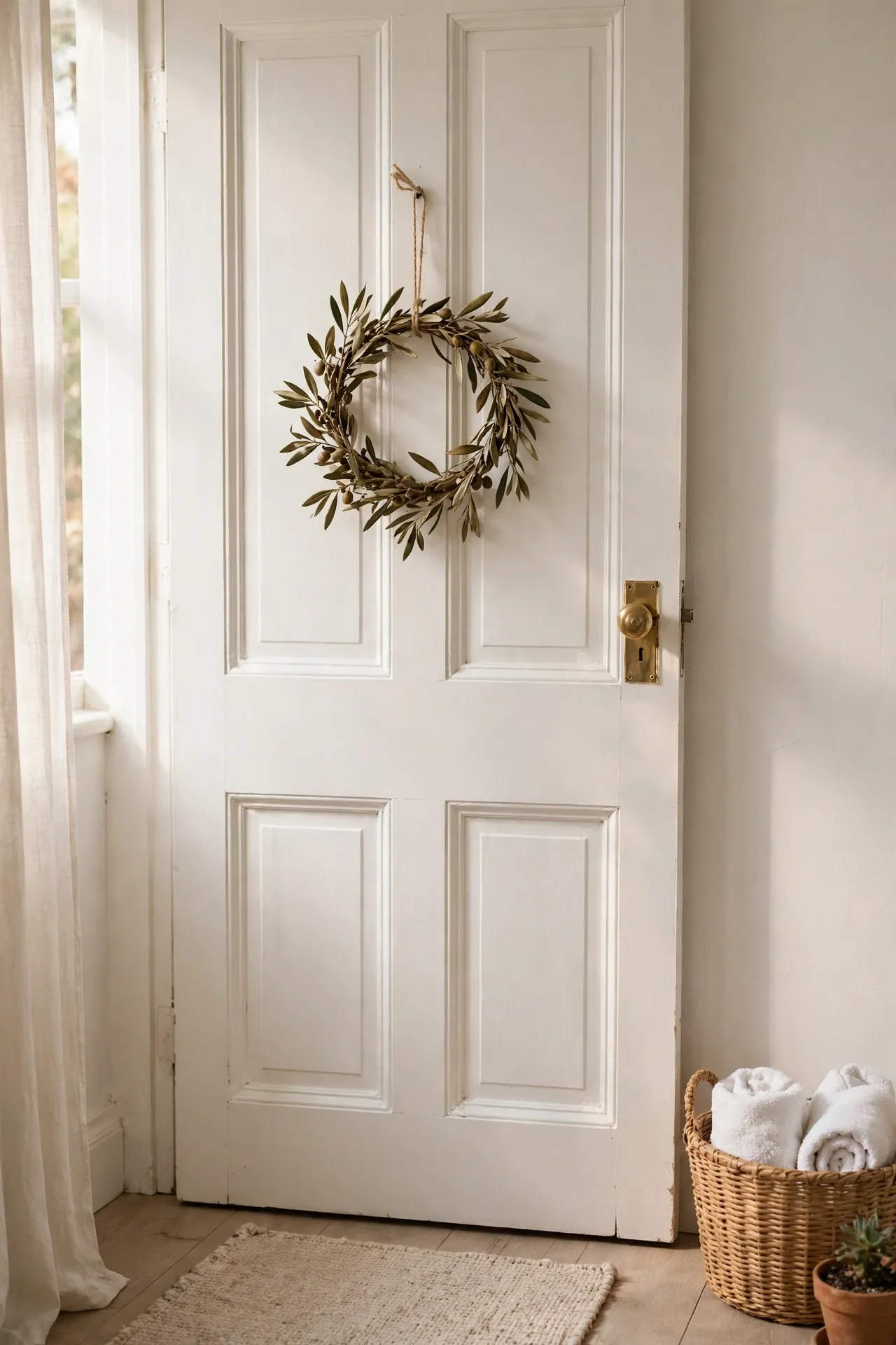 Small olive branch wreath hanging on a bathroom door