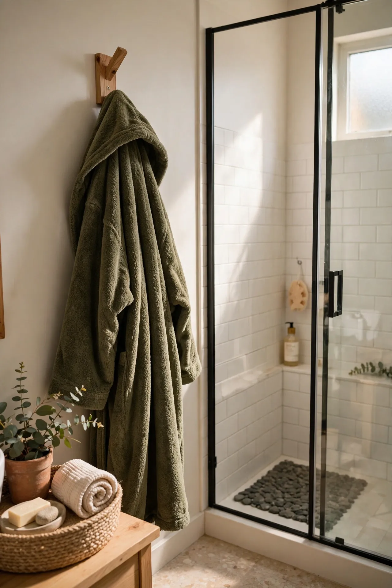 Plush olive robe hanging on a wooden hook beside a shower