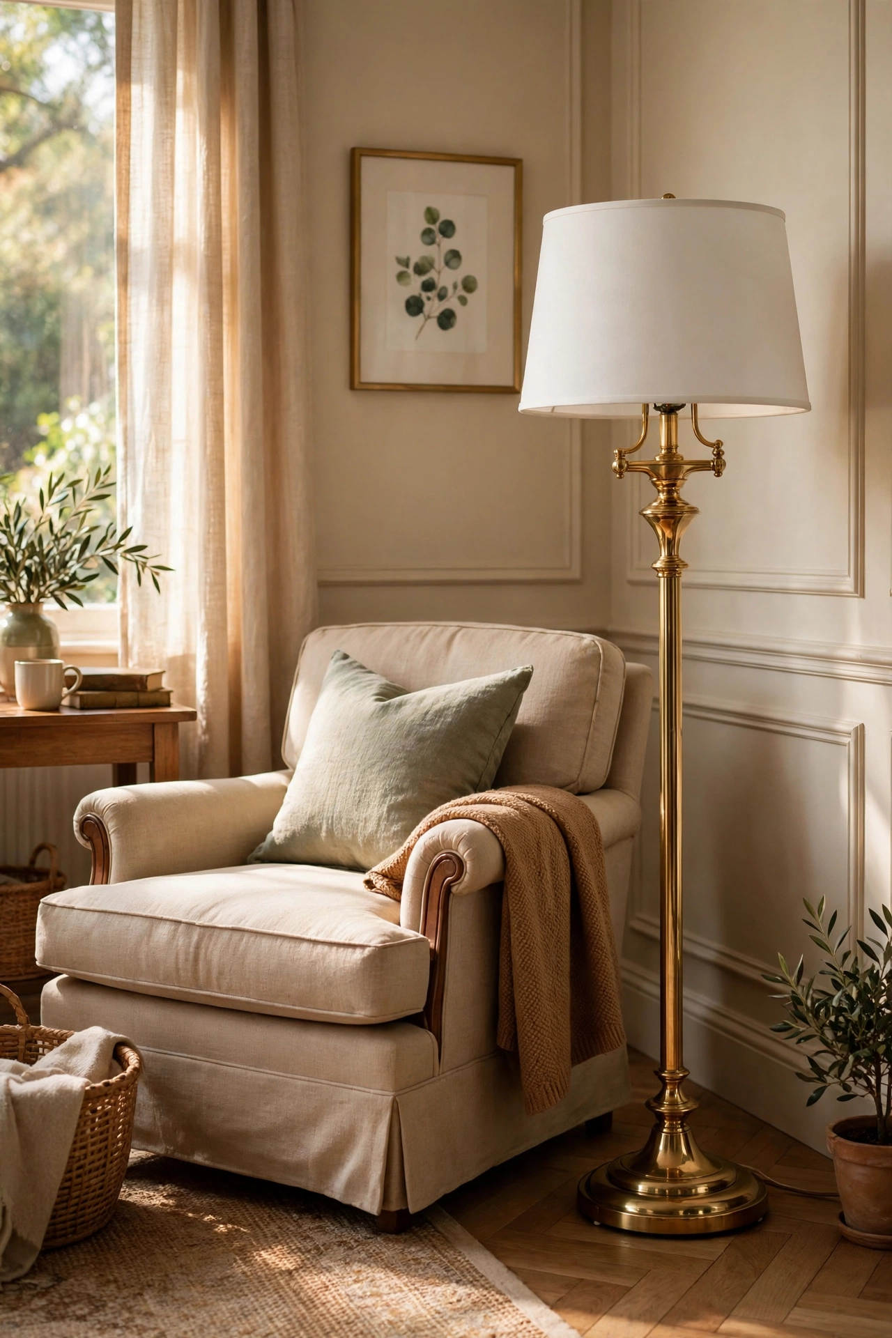 Polished thrifted brass floor lamp with new drum shade, thrifted living room decor that looks designer