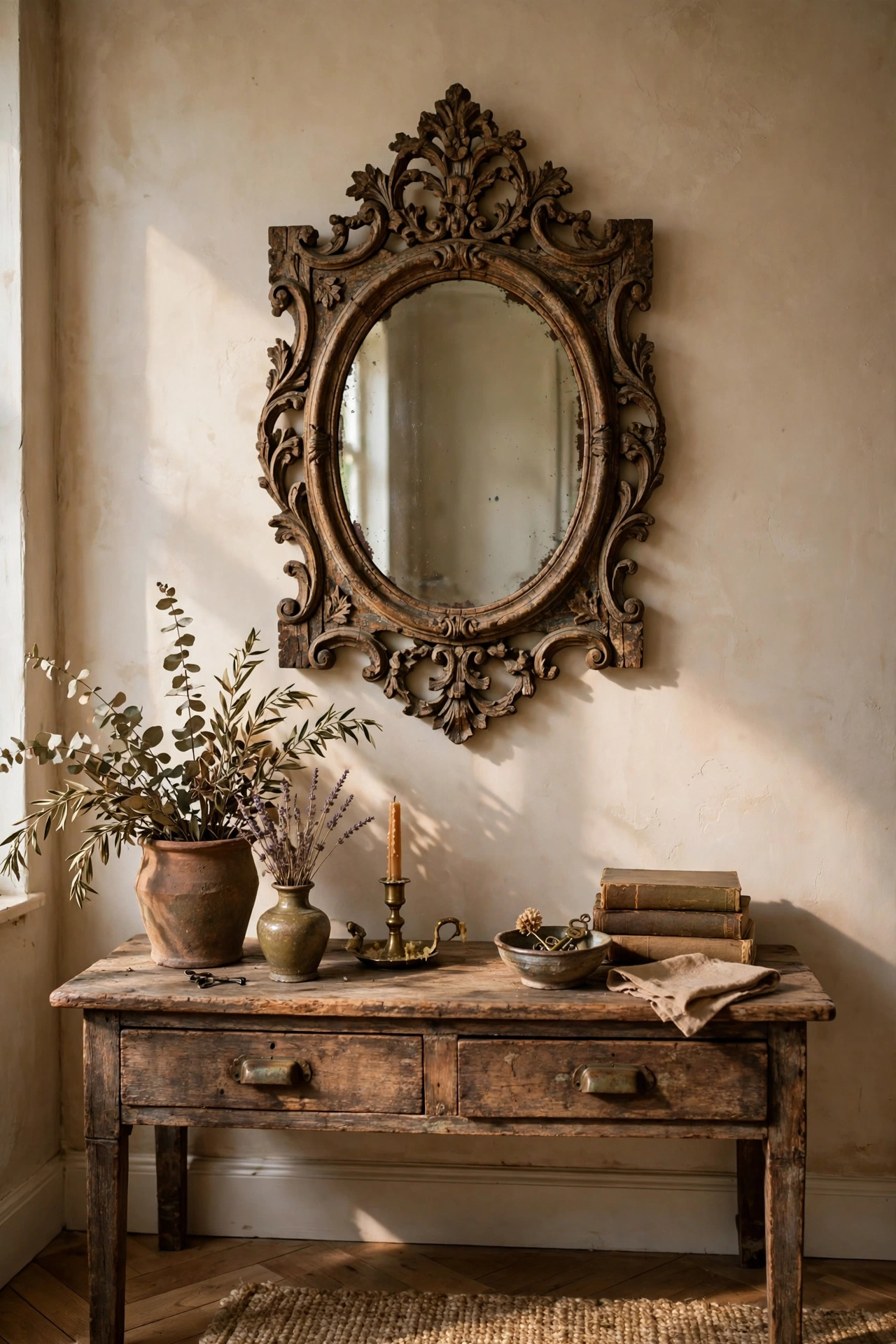 Vintage carved wood mirror with aged patina in living room, thrifted designer look decor