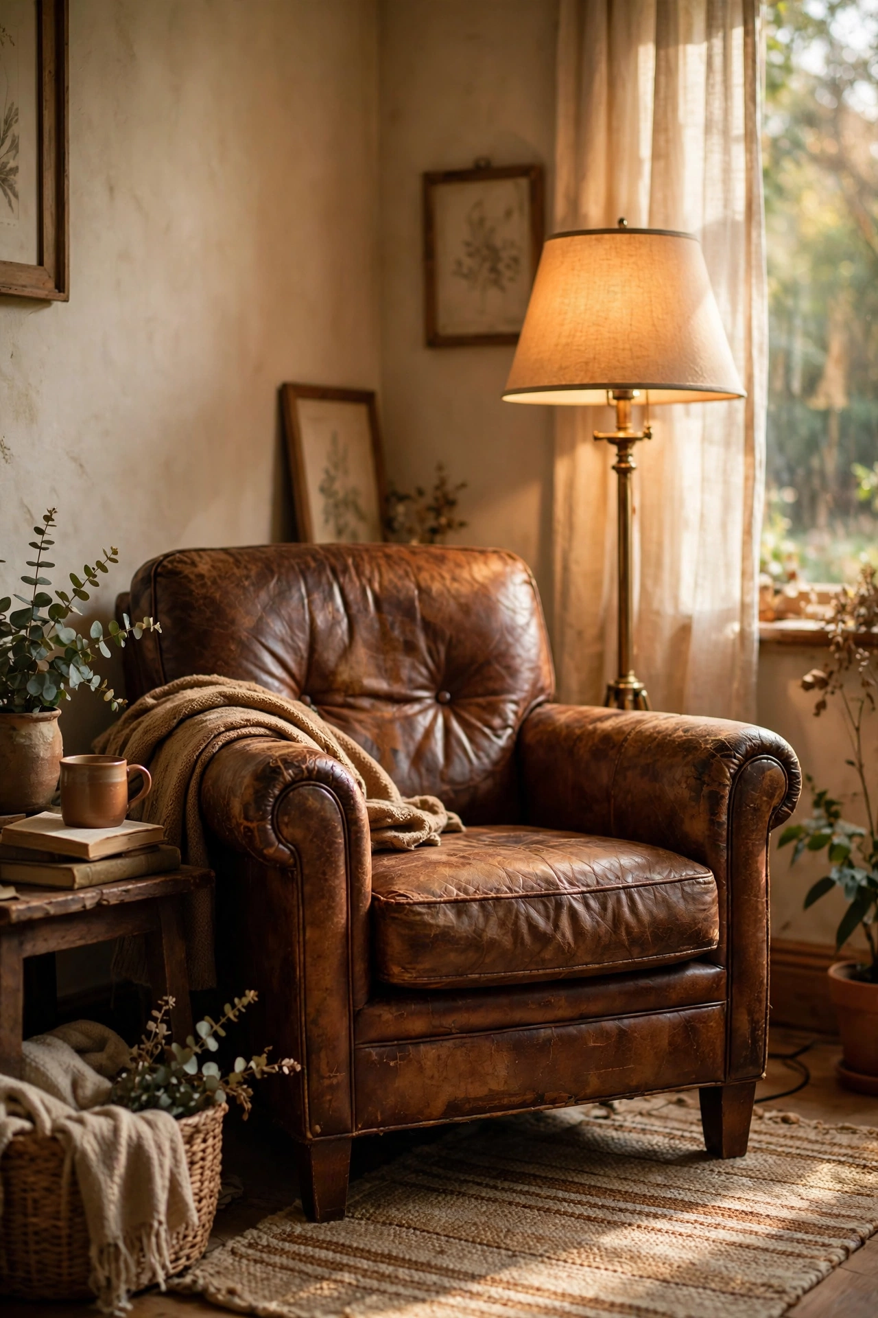 Conditioned brown leather armchair with rich patina, thrifted living room decor