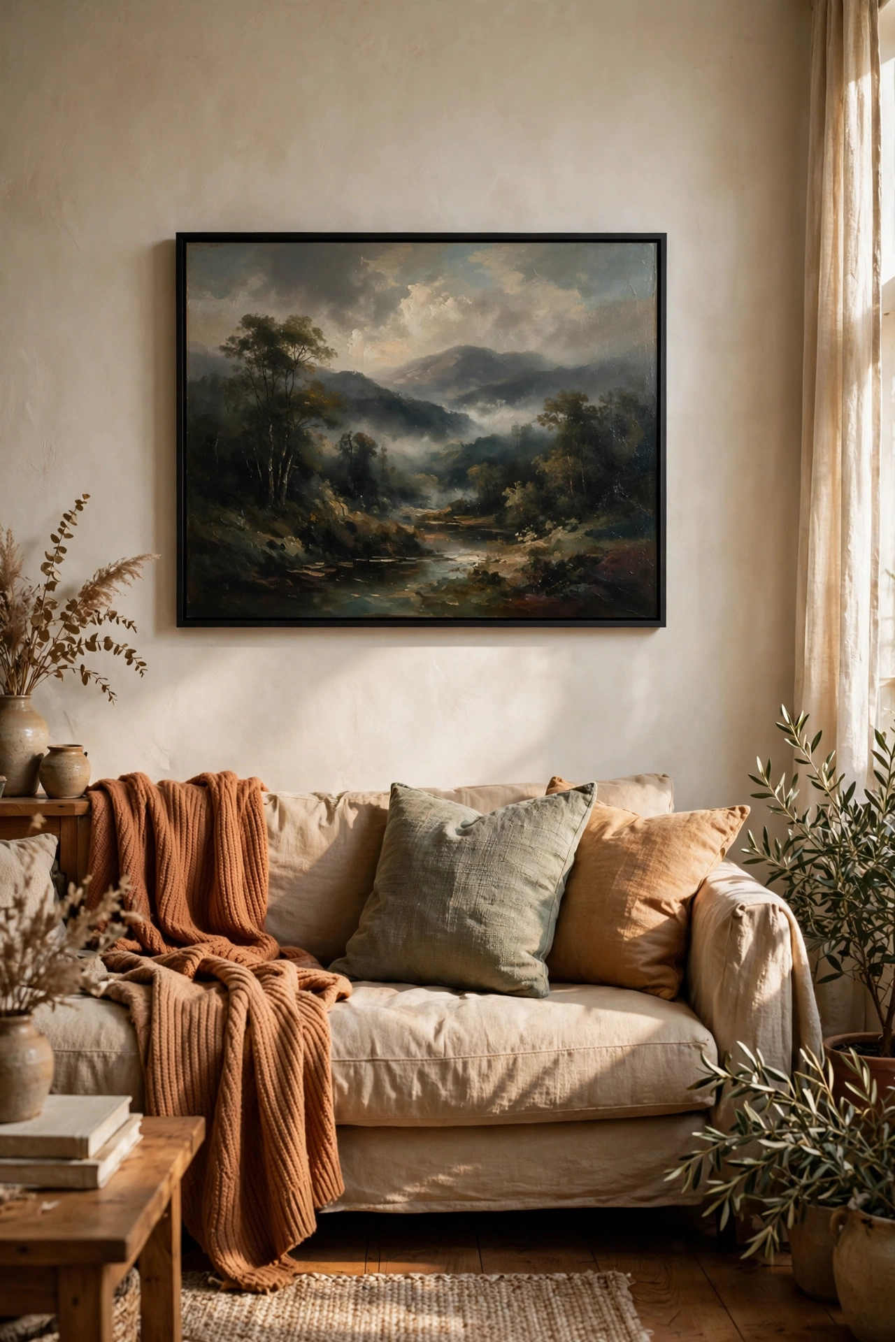Thrifted oil landscape painting in black float frame, designer wall art on a budget