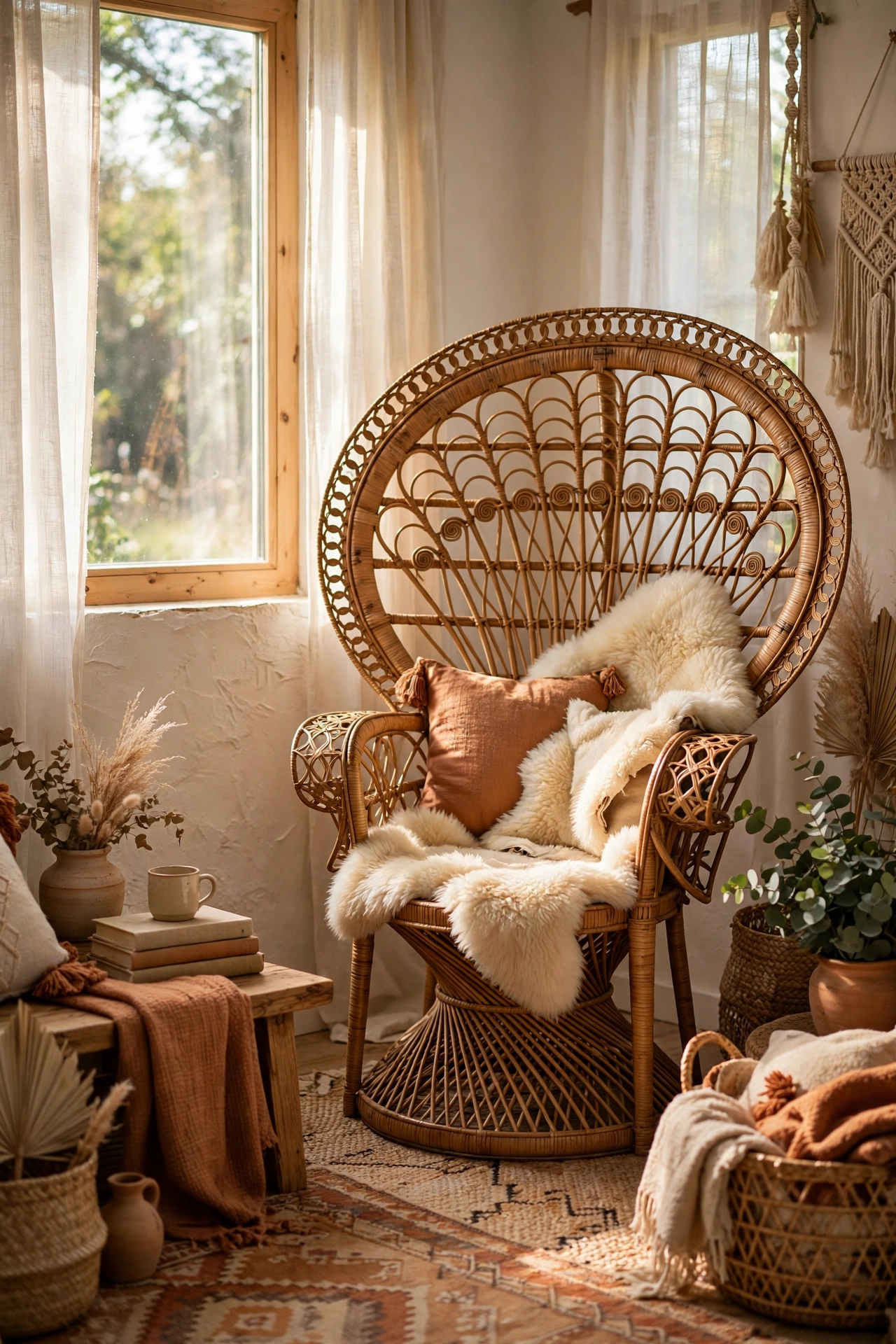 Vintage rattan peacock chair with sheepskin in reading corner, thrifted living room decor
