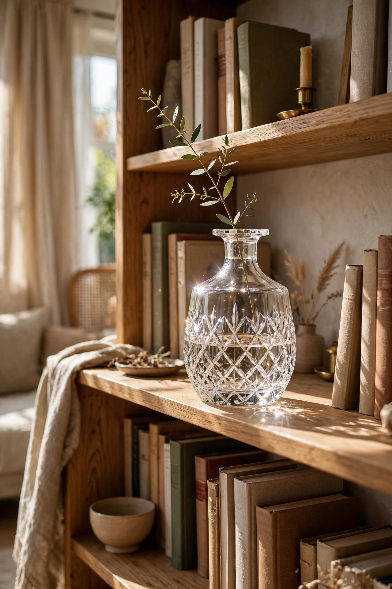 Cut crystal decanter used as bud vase with single stem on bookshelf, thrifted decor