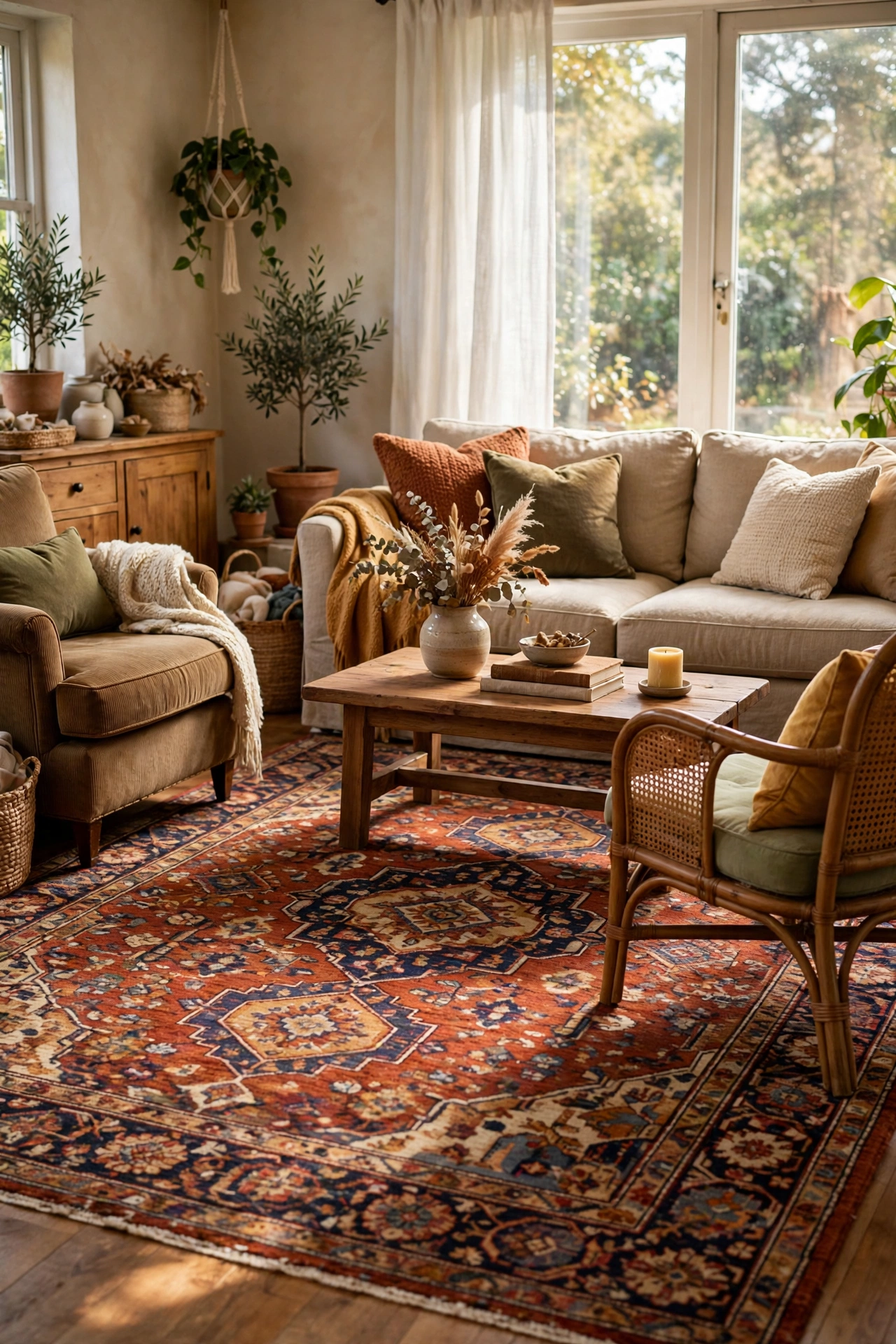 Thrifted wool area rug with rich pattern professionally cleaned, designer living room