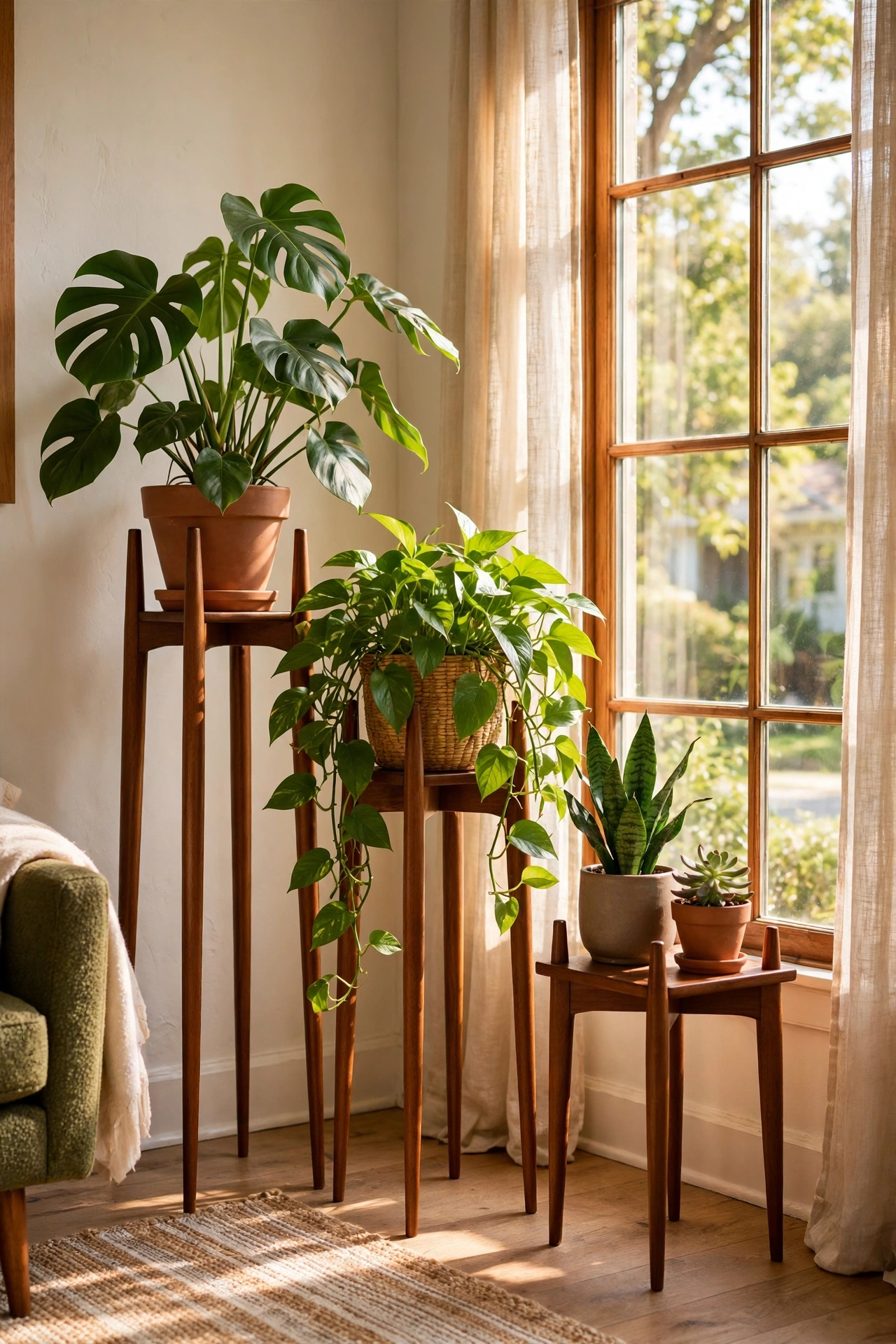 Mid-century wooden plant stands at varied heights with plants, thrifted living room decor
