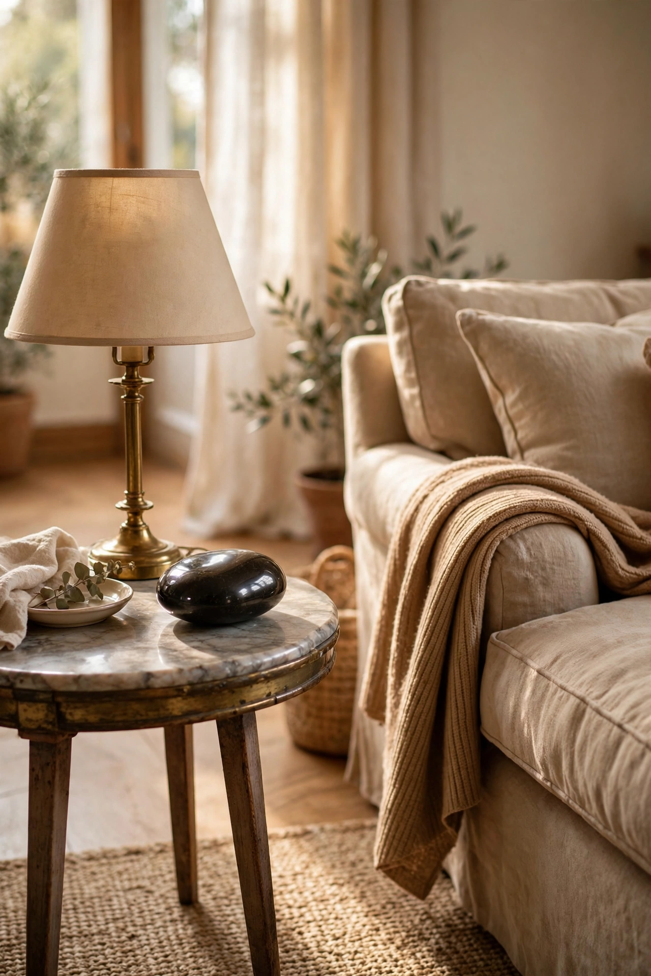 Small marble top side table beside sofa holding lamp, thrifted designer living room