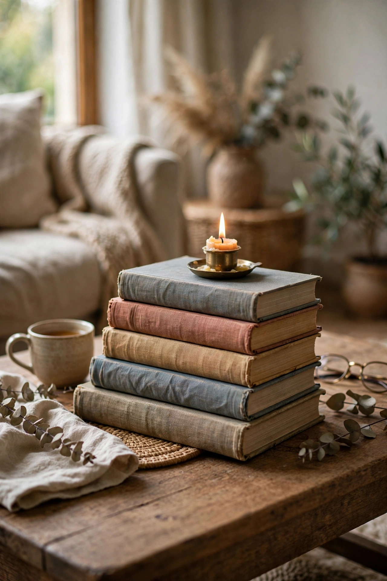 Stack of vintage cloth bound books with candle on coffee table, thrifted styling
