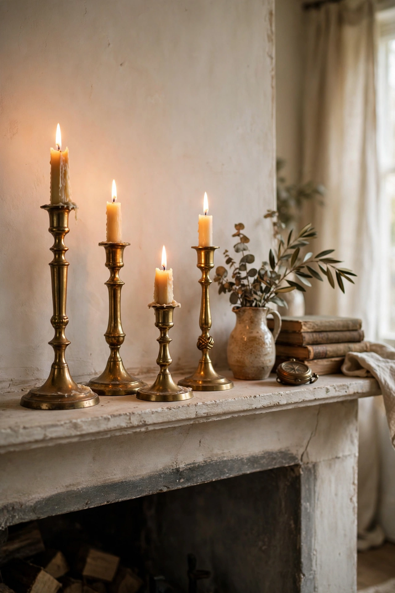 Polished mismatched brass candlesticks on mantel, thrifted living room decor