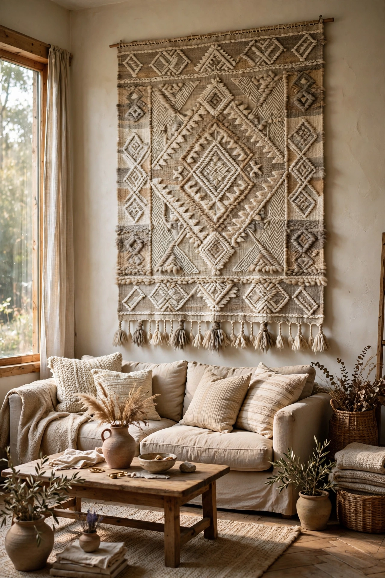 Large vintage handwoven wool wall hanging above sofa, thrifted textile art