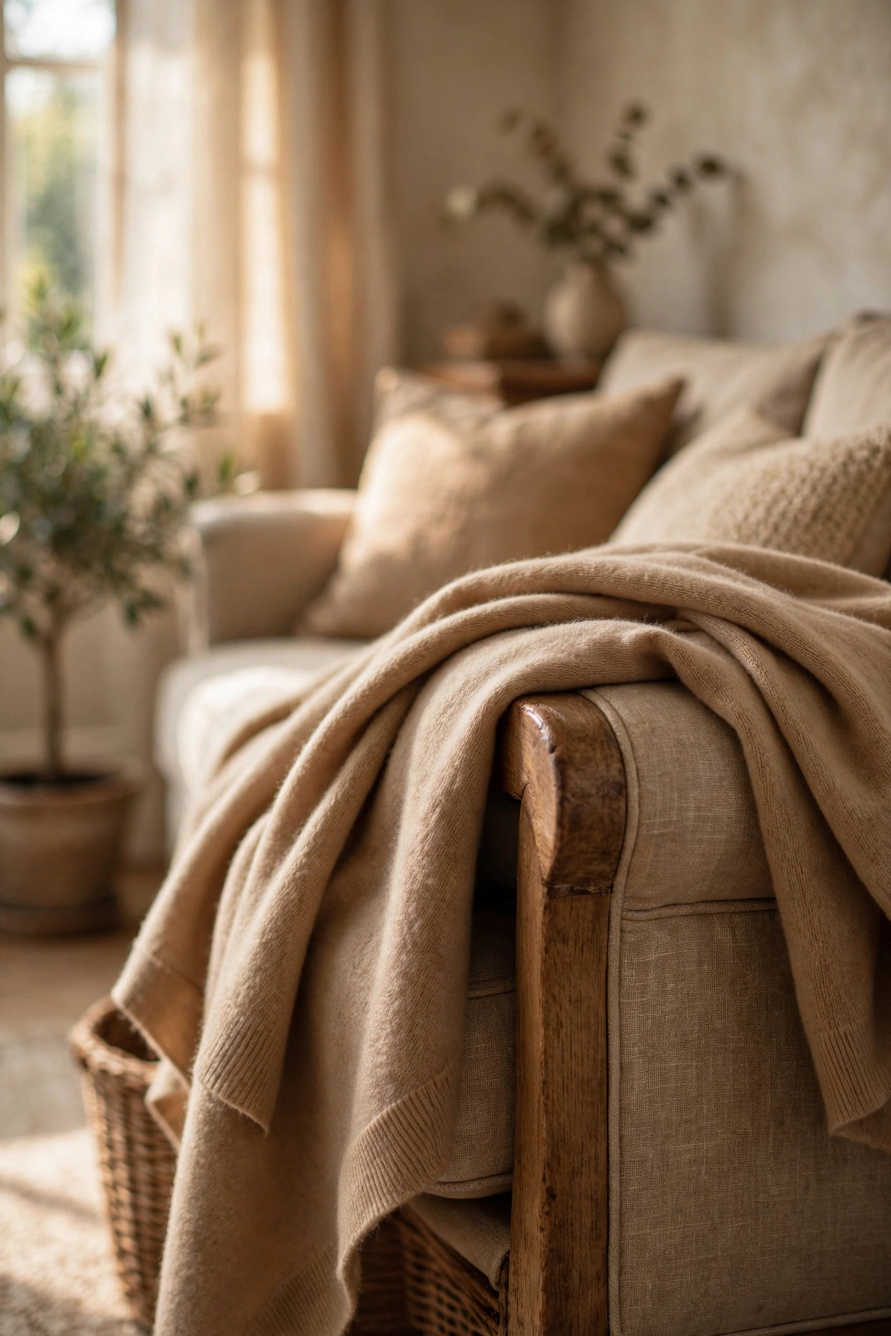 Soft cashmere throw draped on sofa arm, thrifted luxury living room decor