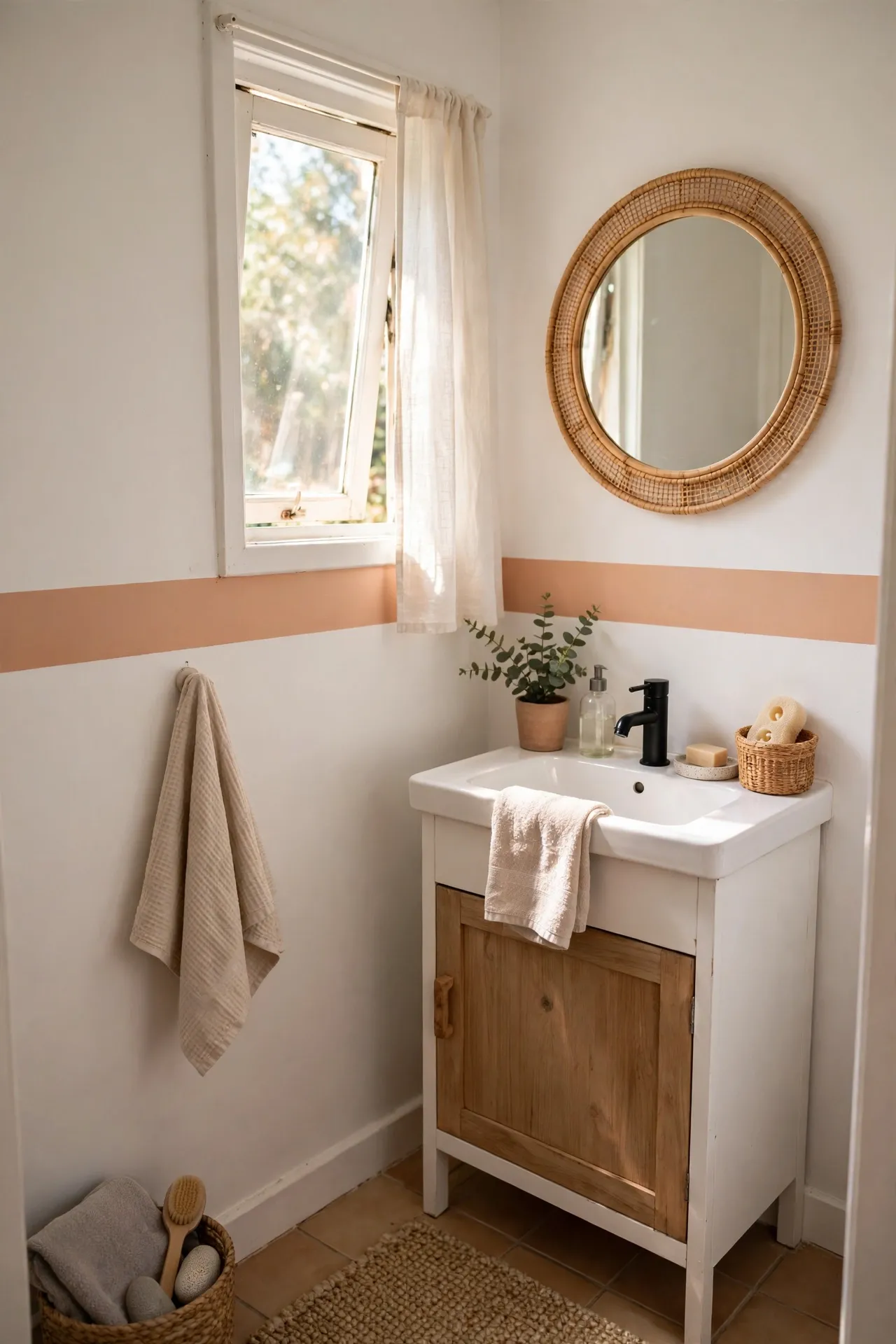 Single painted accent stripe at eye level in a small white bathroom