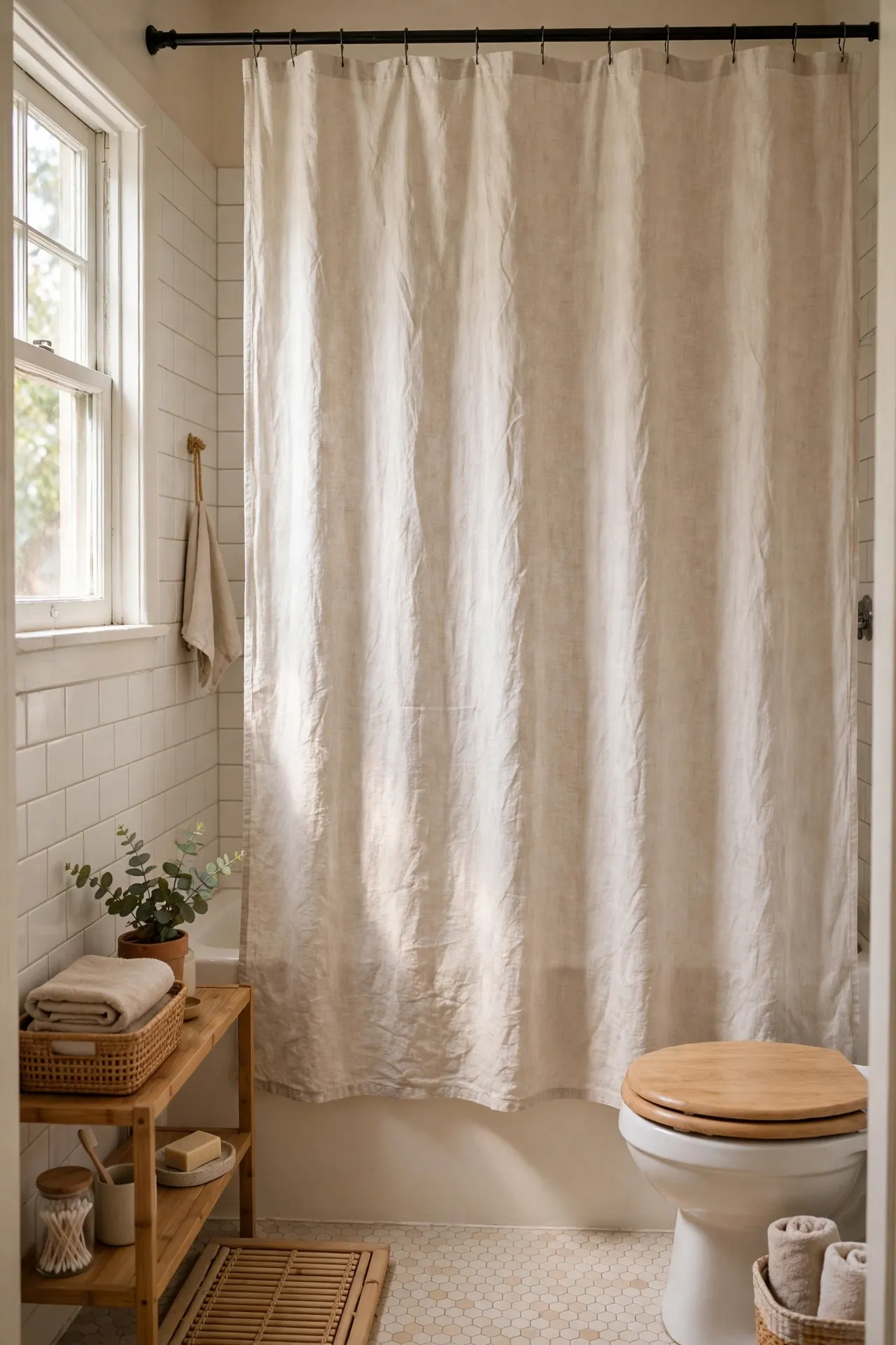 Plain linen-look shower curtain hanging high and wide in a tiny bathroom