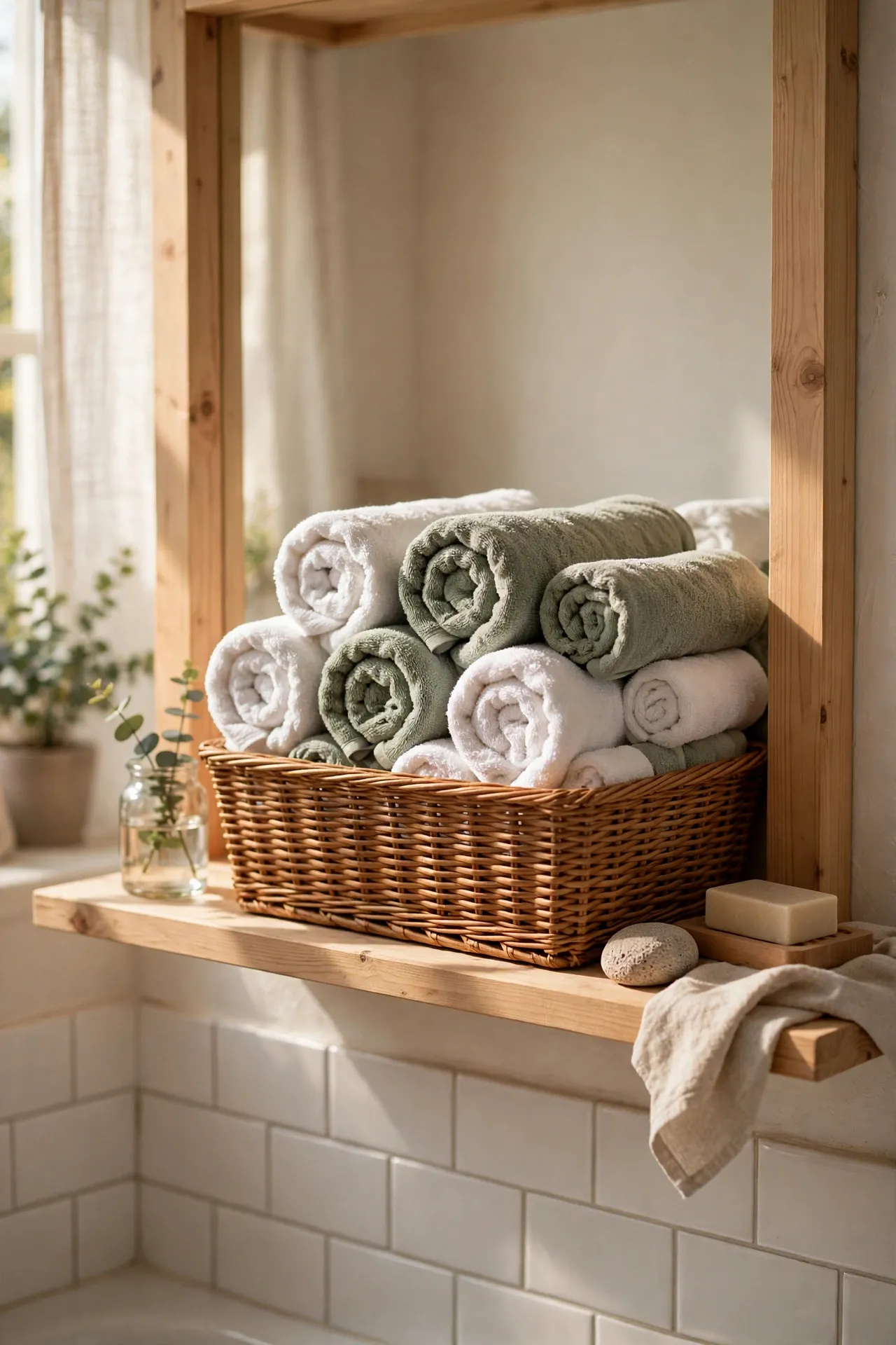 Rolled towels stacked neatly in a basket on a bathroom shelf