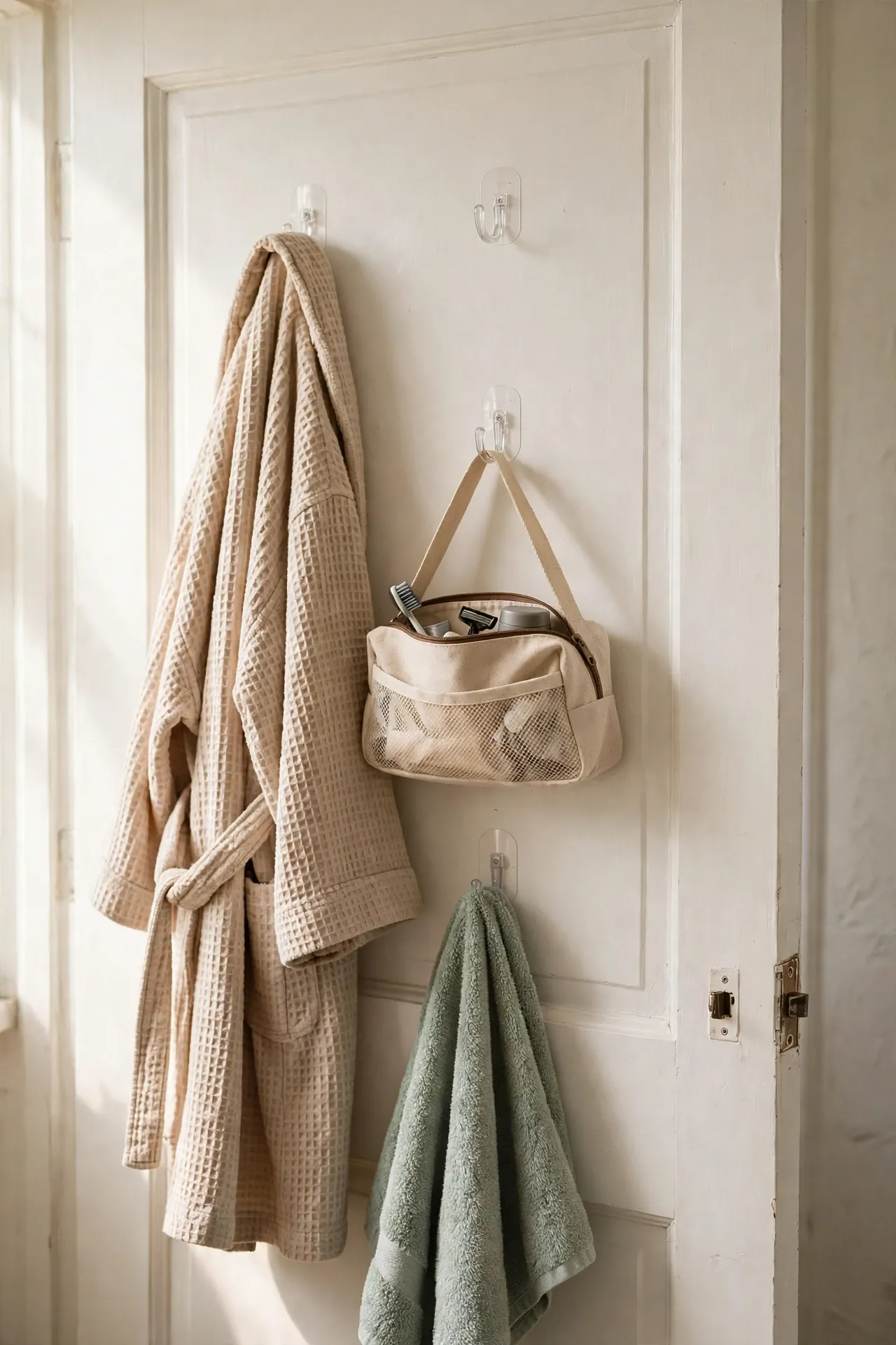 Adhesive hooks holding a robe and towel on the back of a bathroom door