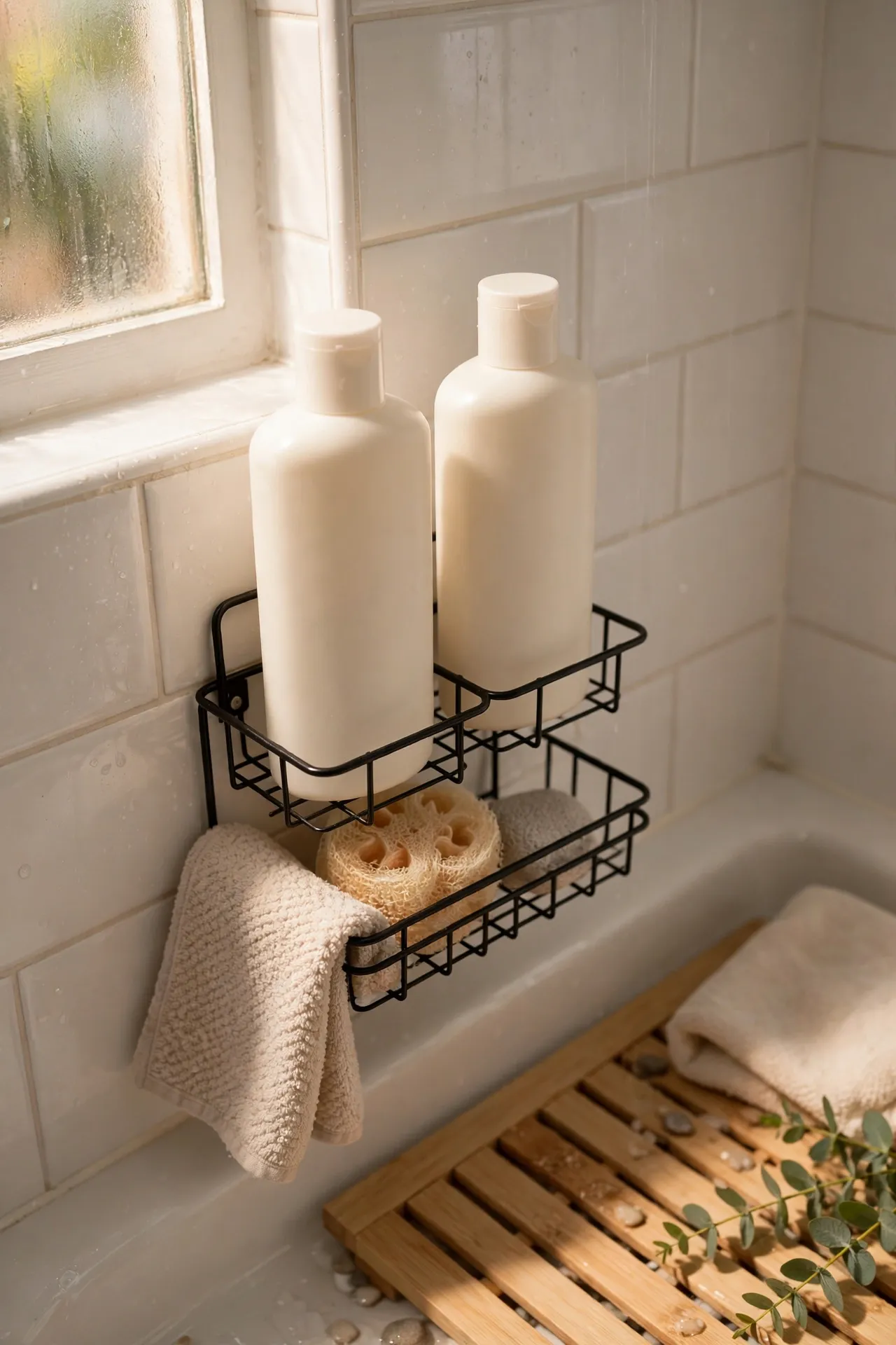 Matching plain squeeze bottles labelled for shampoo and conditioner in a shower caddy
