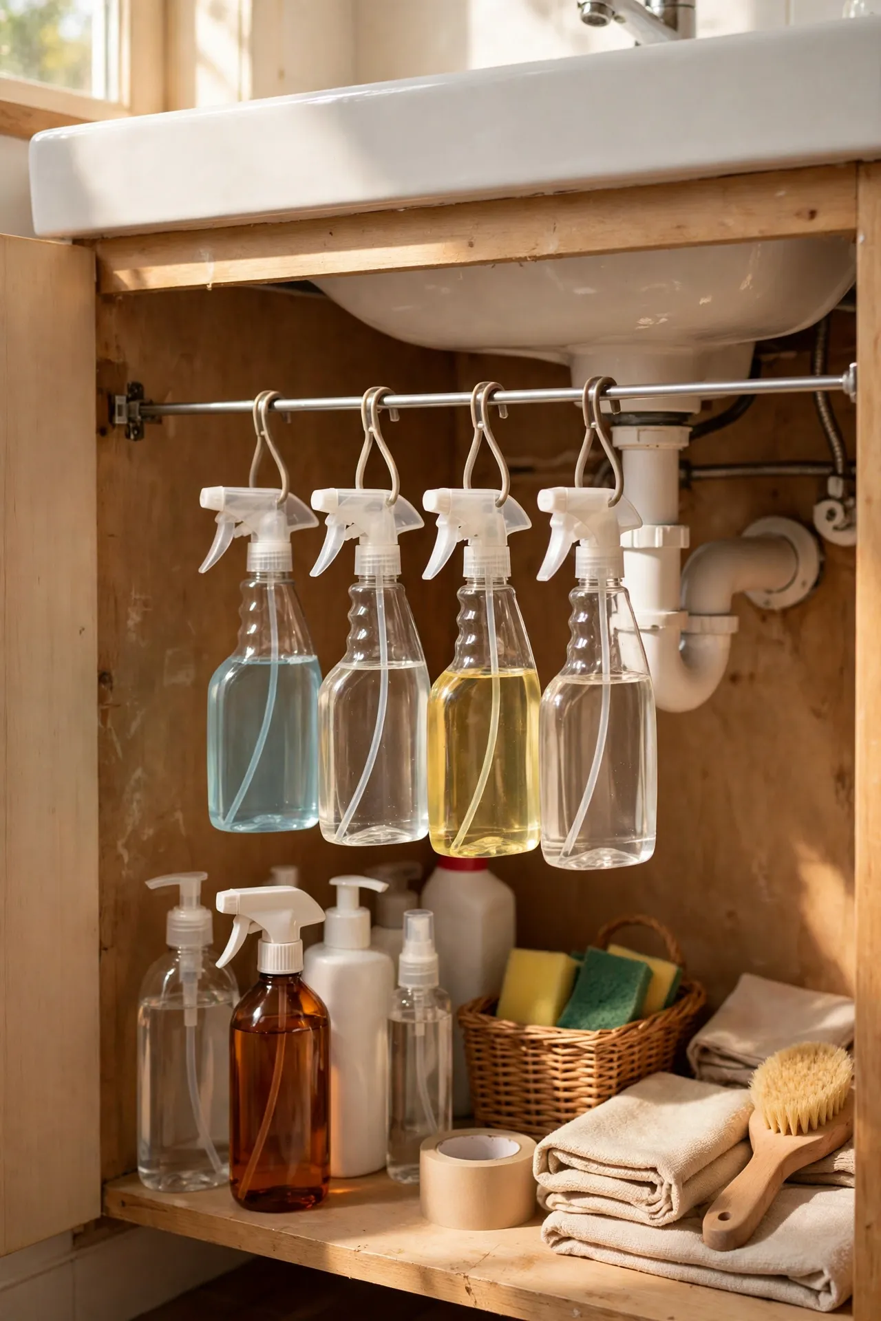 Tension rod under a bathroom sink holding spray bottles by their triggers