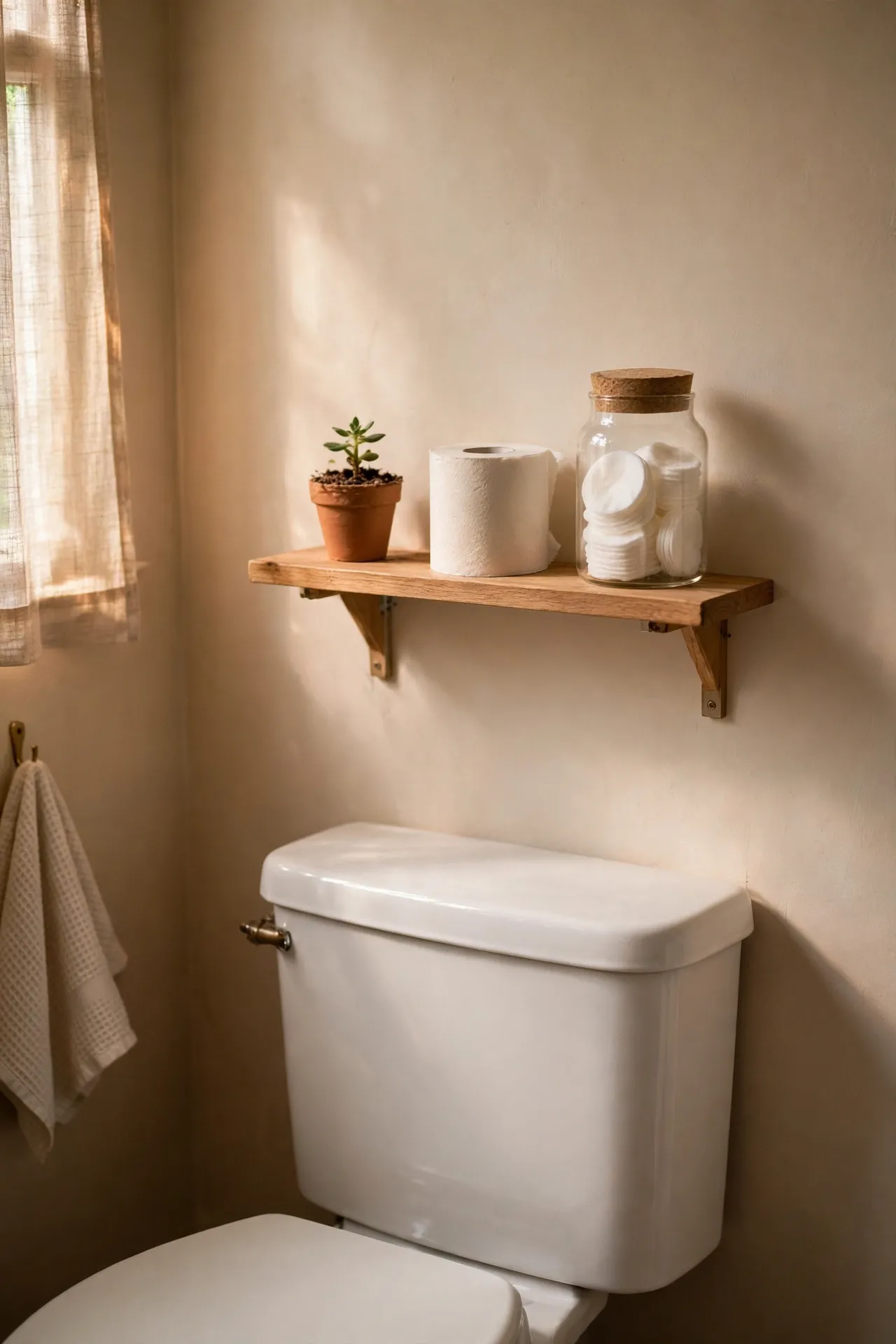 Small shelf above a toilet tank holding a plant and spare toilet rolls