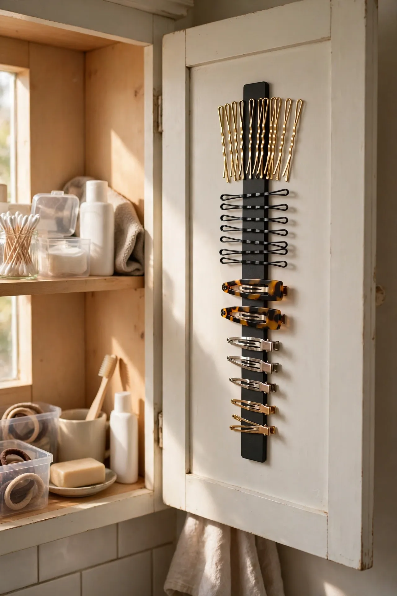 Magnetic strip inside a cabinet door holding bobby pins and hair clips